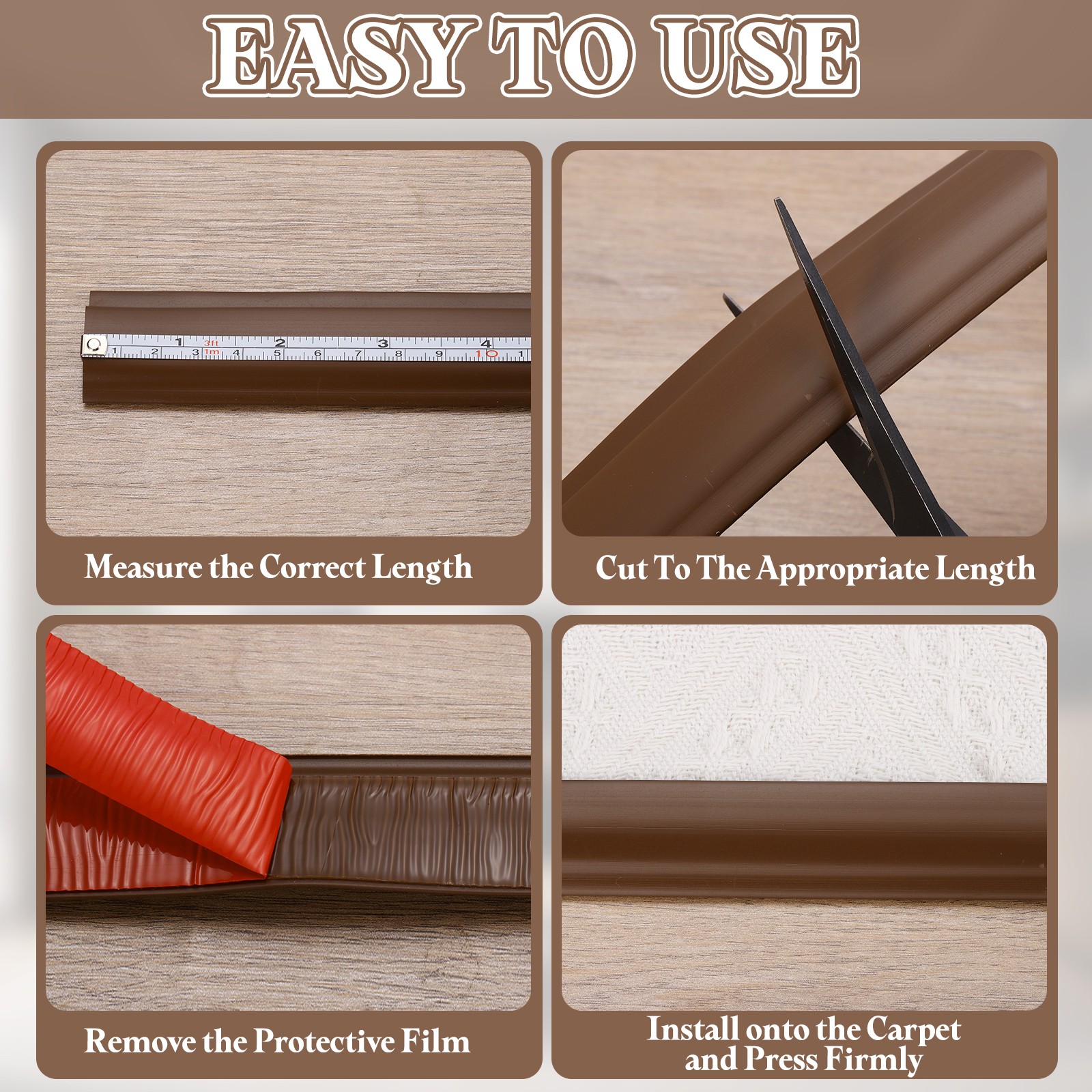 Self-adhesive carpet tape x 3.2cm x 0.8cm, brown plastic joint cover
