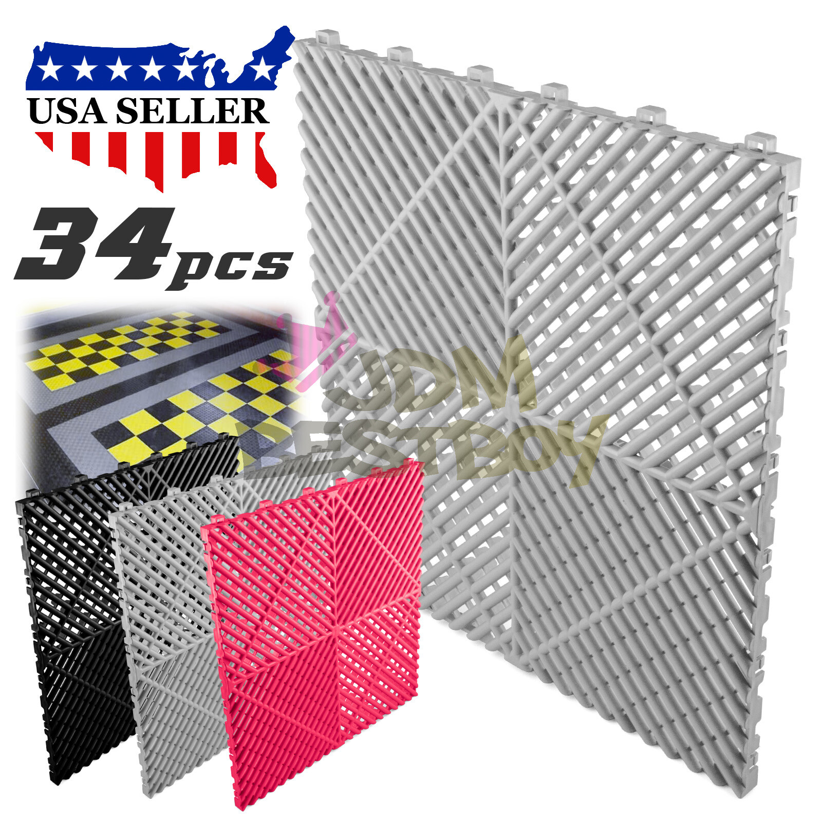 34pcs 16″x16″ Black Garage Floor Mat Perforated Flooring Tile Shop Interlocking