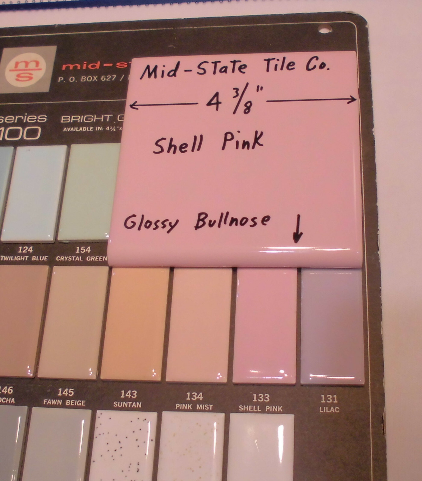1 pc. “Glossy Shell Pink” Surface Bullnose Ceramic Tile: by 4-3/8″ Mid-State Co.