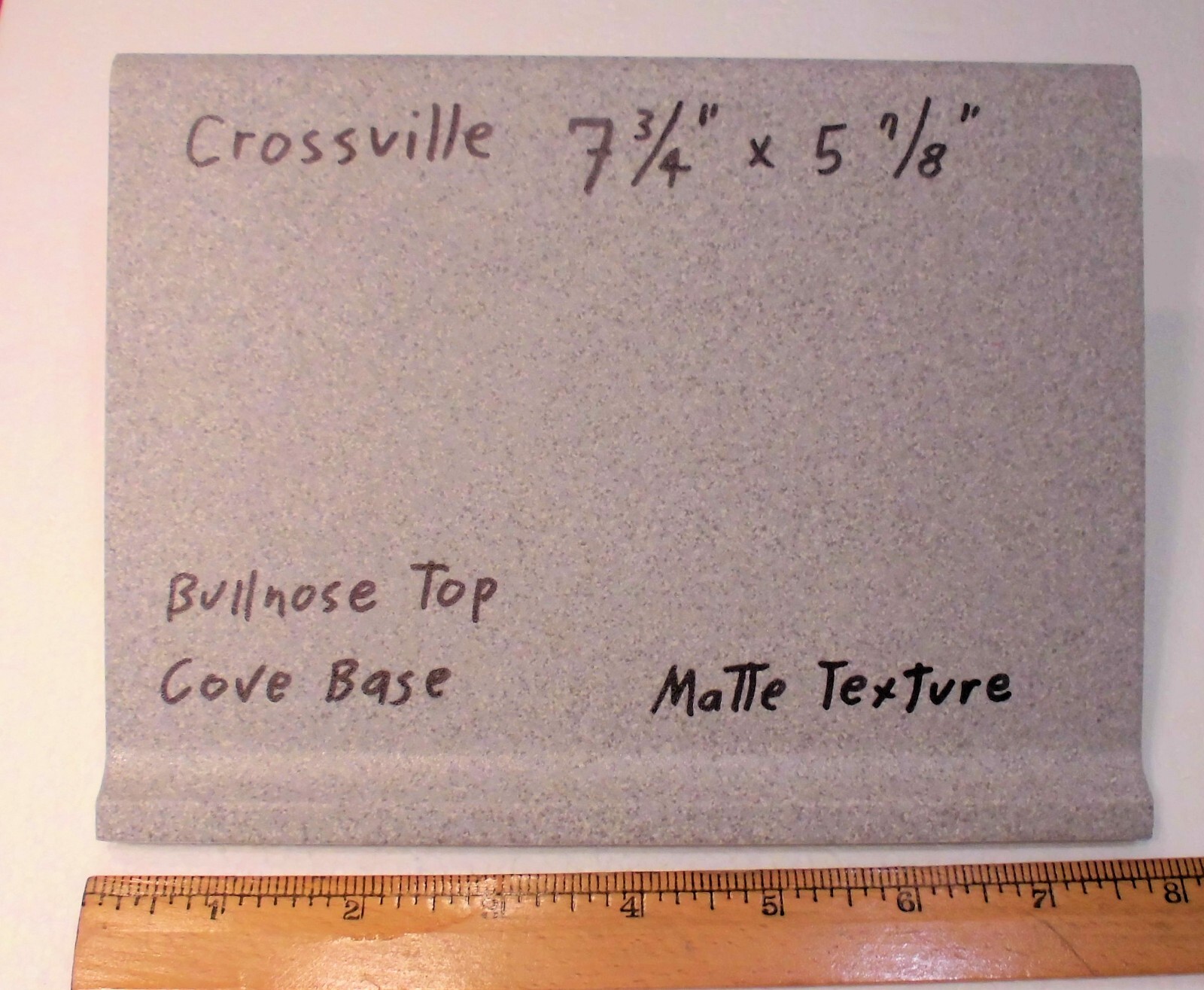 1 pc. Speckled Grays: Cove-Base Ceramic Tile, matte 7-3/4″ X 5-7/8″ Bullnose Top