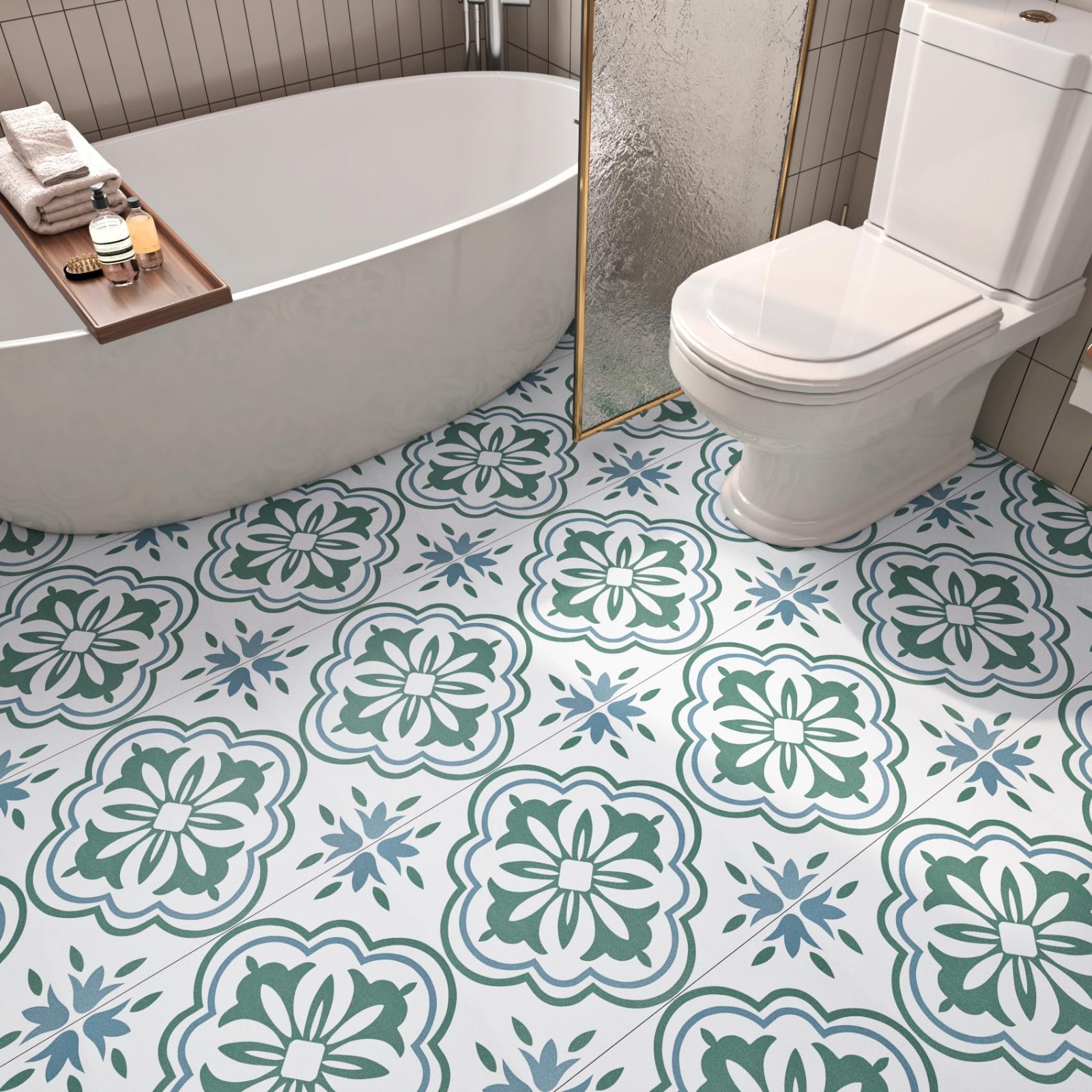 Waterproof Peel and Stick Floor Tiles – Sage Green & Blue Boho Floral Design, PV