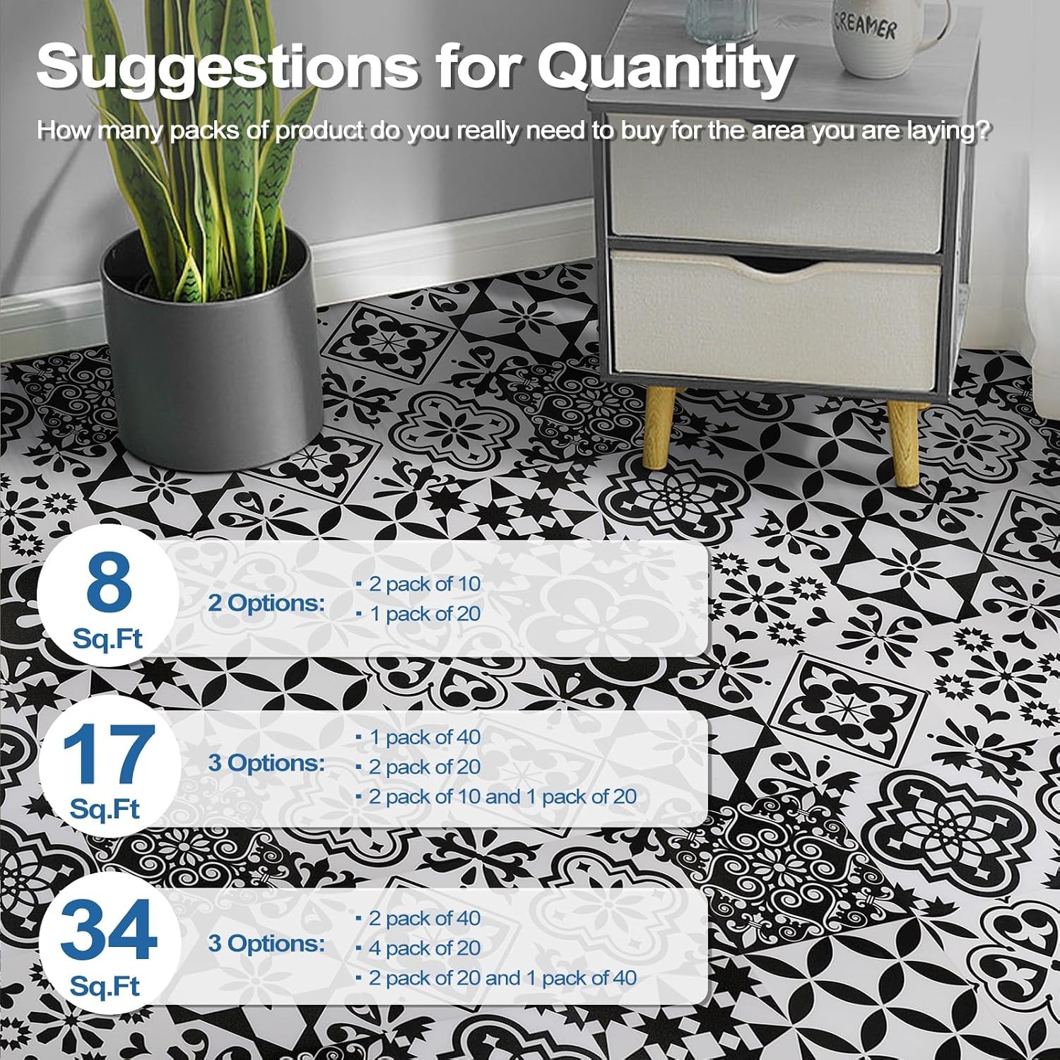 Peel and Stick Floor Tile Black and White, Vinyl Flooring 7.87in X 7.87in,