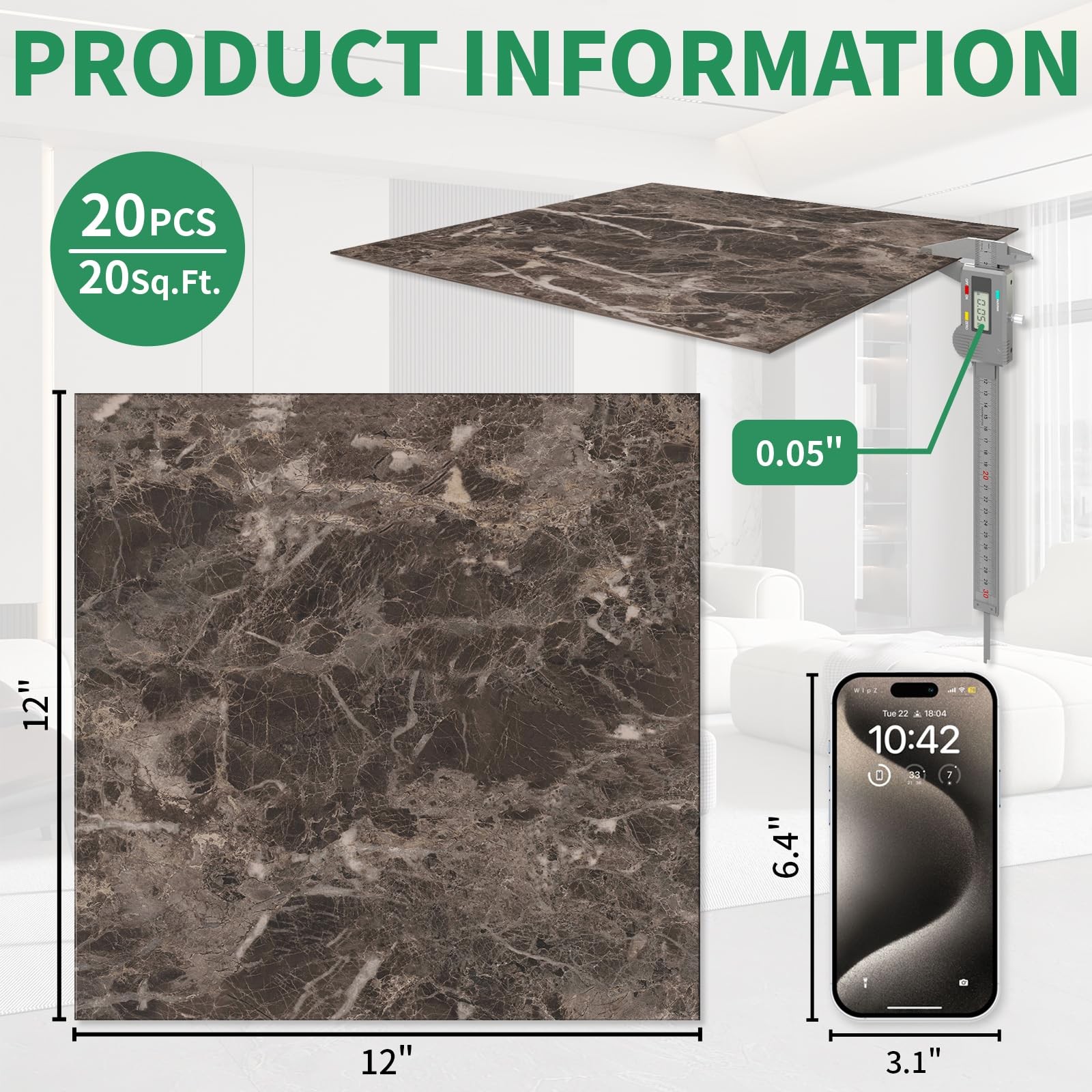 20 Pack Cover 20 Sq.Ft Peel and Stick Floor Tiles, 12” x 12” Self Adhesive Vi…