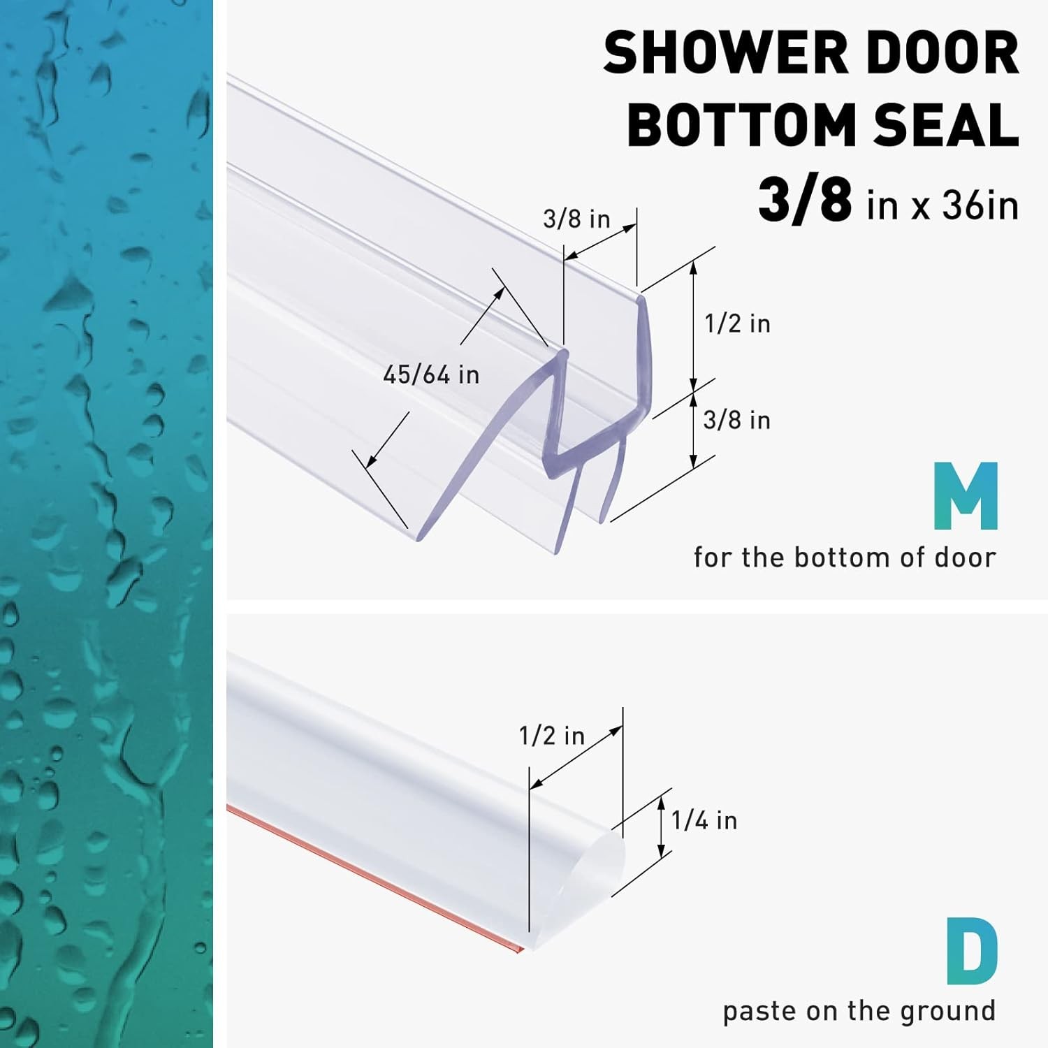 Shower Door Bottom Seal, 2 PCS 3/8″ x 36″ 2PCS Sweep-3/8, Clear