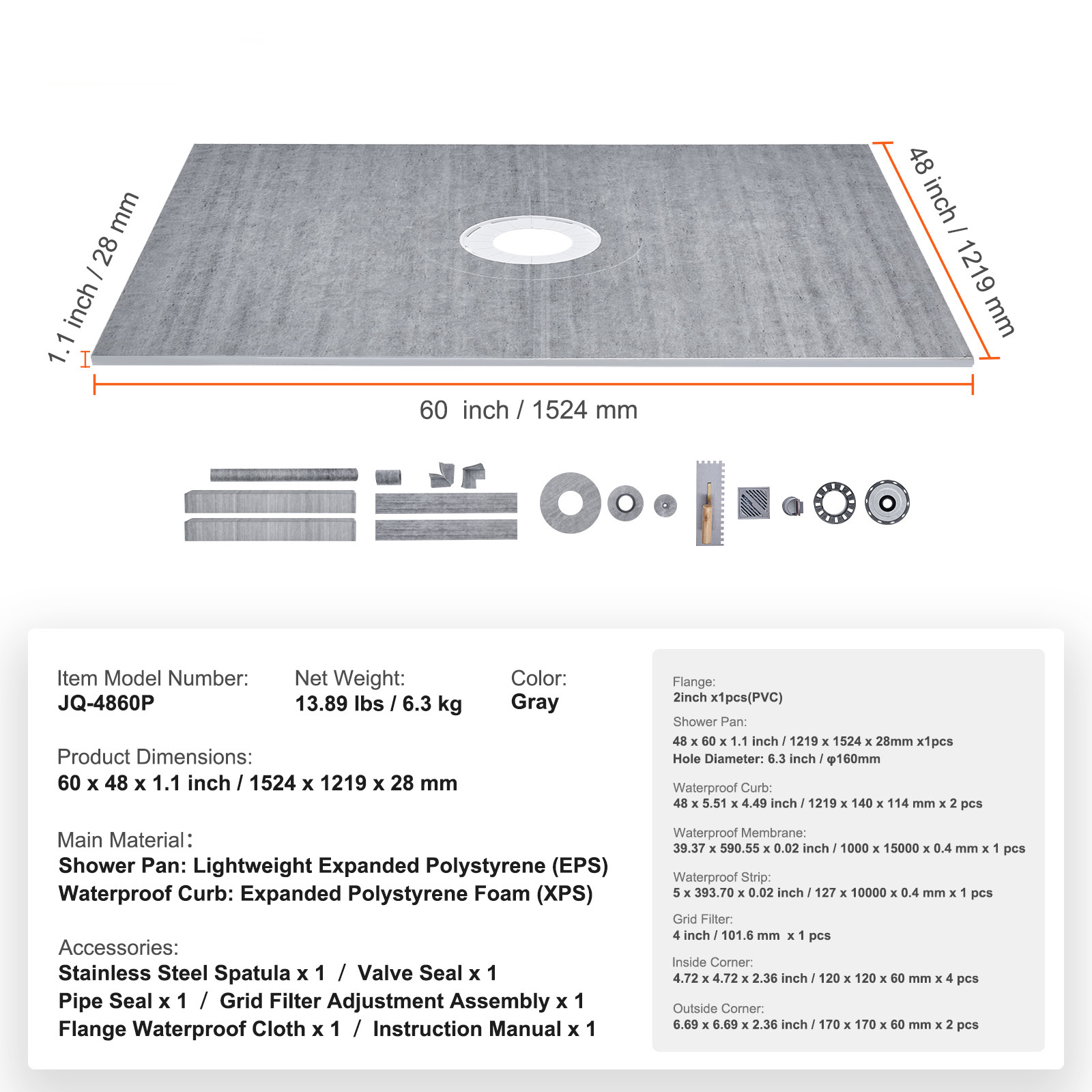 VEVOR Shower Curb Kit Shower Pan Kit 60×48″ w/ 2″ Central Flange PVC Waterproof