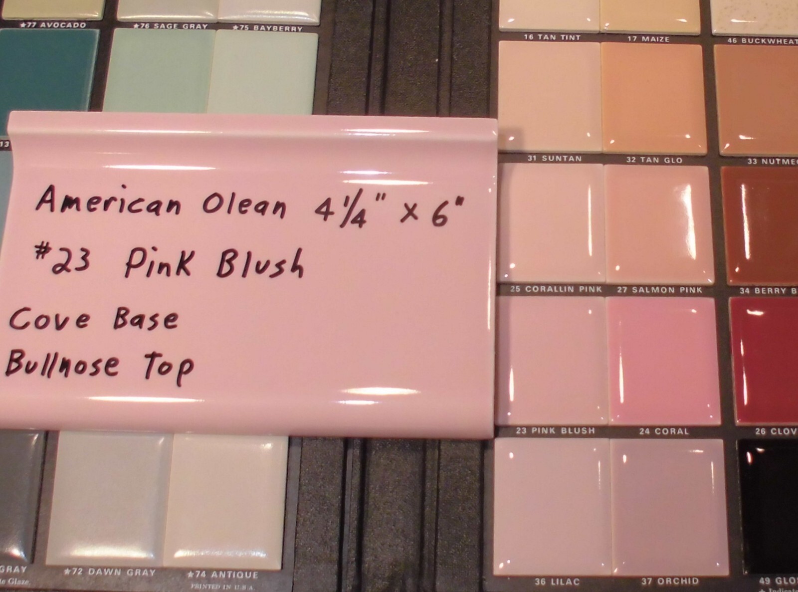 1 pc. Pink Blush #23 Bullnose Top; base/cove Ceramic Tile; 6″ American Olean
