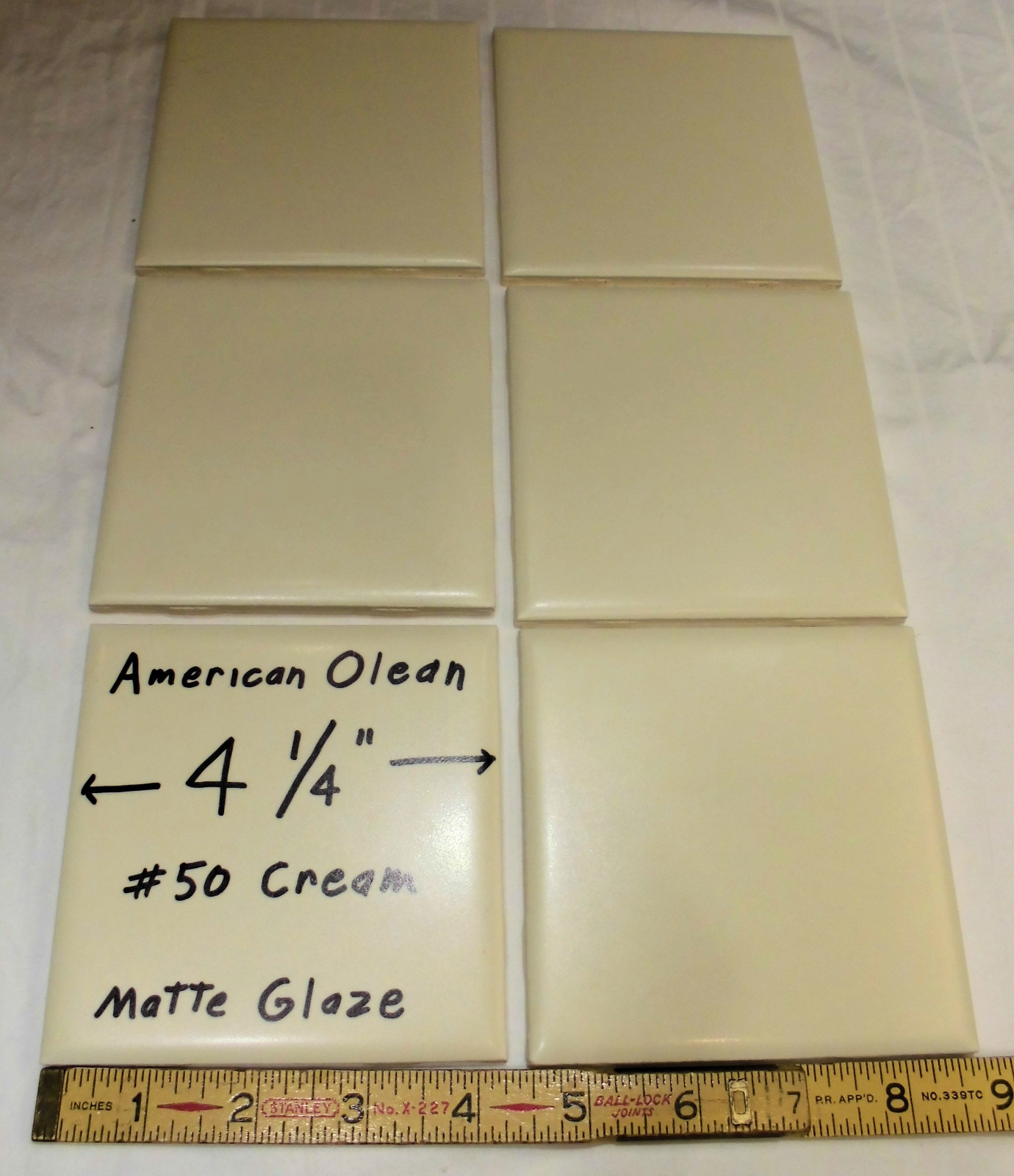 6 pcs. Vintage 4-1/4″ Matte Ceramic Tiles; by American Olean, A Soft Cream Color
