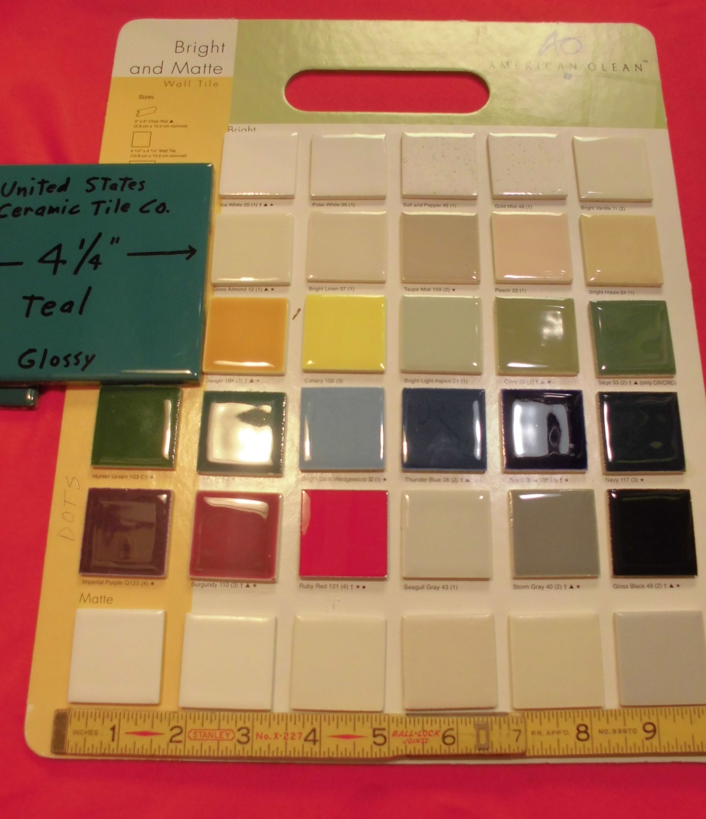 6 pieces Gloss Teal: 4-1/4″ ceramic tiles from the 1990’s, Made U.S.A. “NOS”