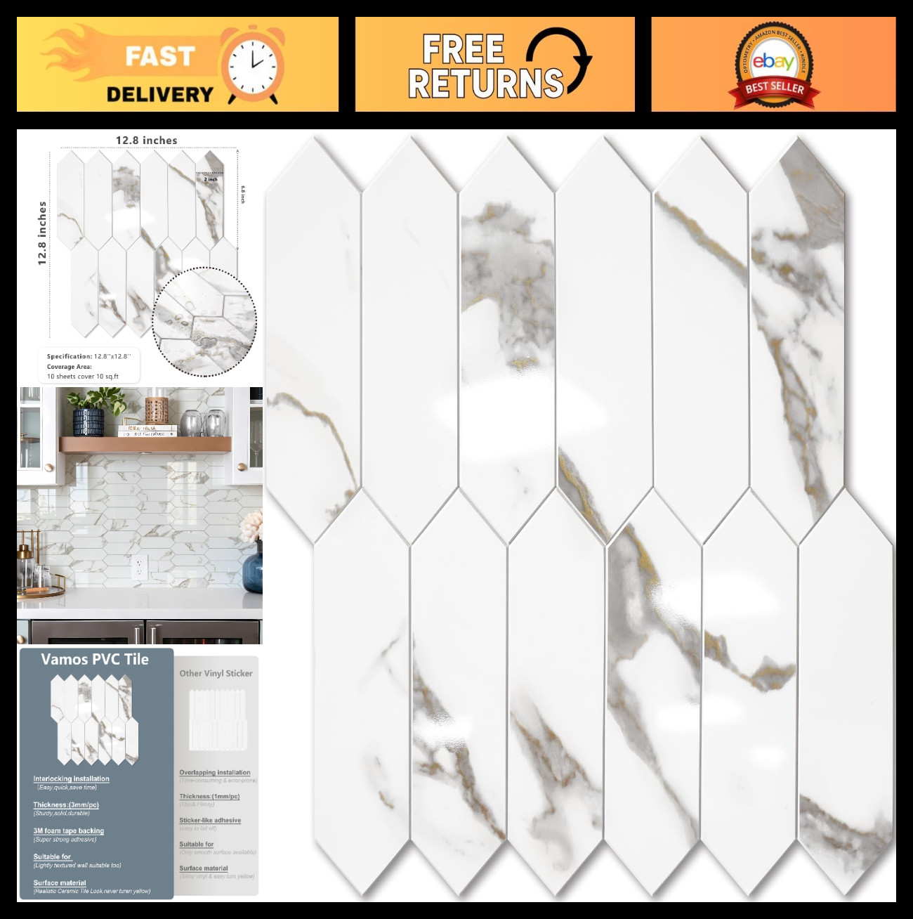Glossy White Marble Peel and Stick Backsplash Tile with Gold Veining, 12.8″ Hexa