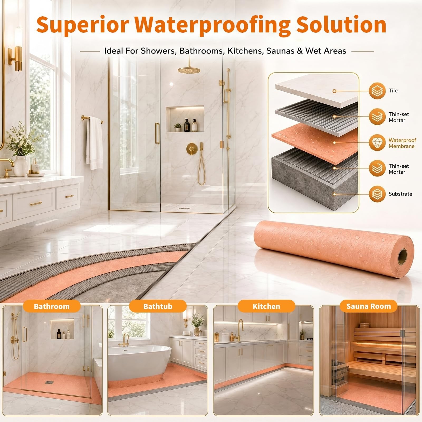 Waterproof Shower Membrane 3.8Ft x 33Ft, 125 Sq Ft, 23.6 Mils Thick Tile Underla