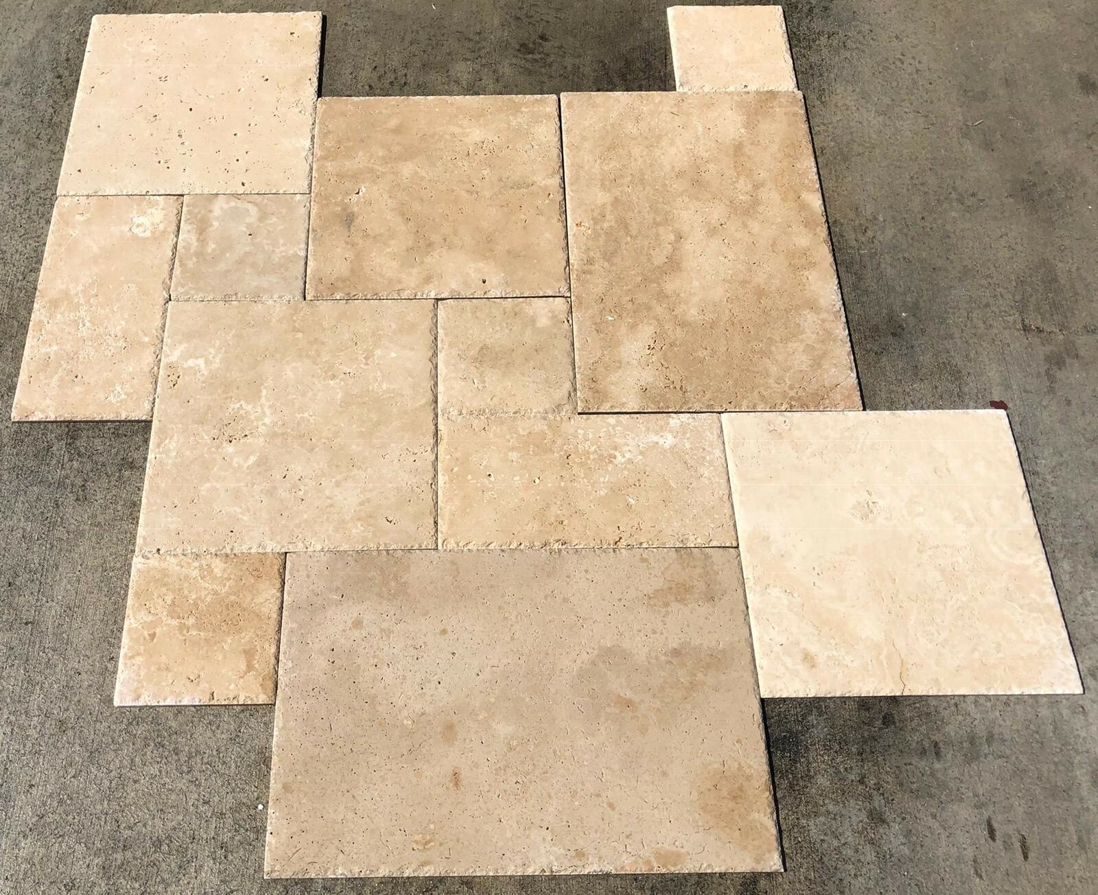 TRAVERTINE IVORY BLEND FRENCH PATTERN TILES BRUSHED & CHISELED EDGE
