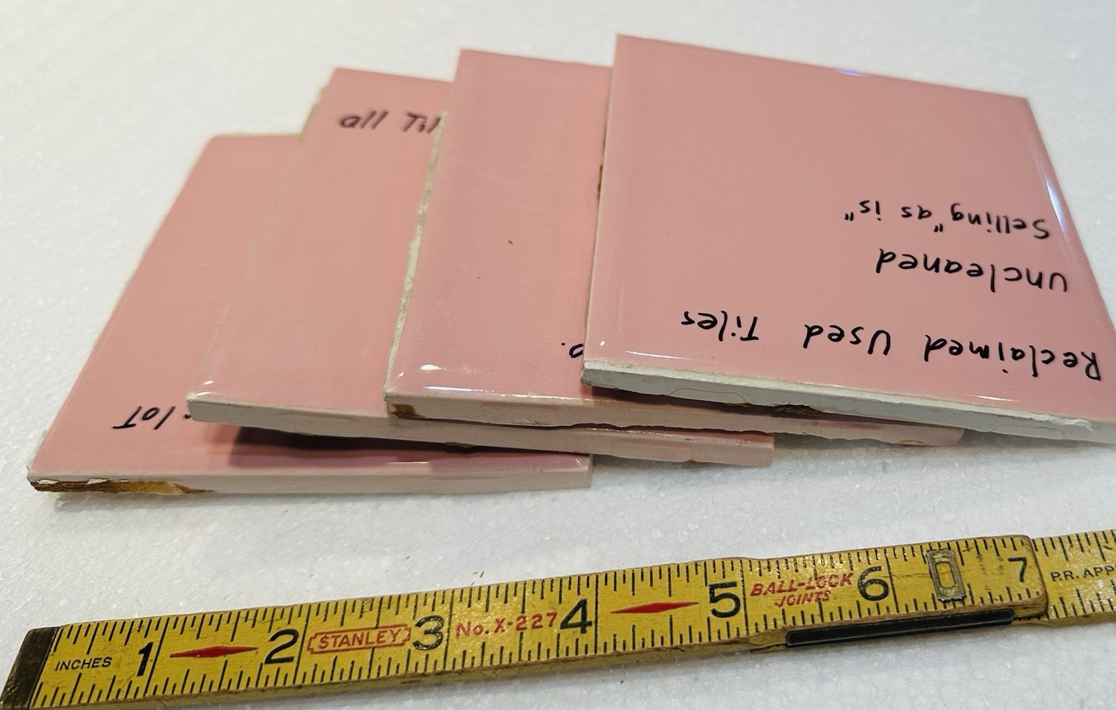 4 Corallin Pink Ceramic Tiles: by Wenczel Co. Used; all uncleaned & needs work