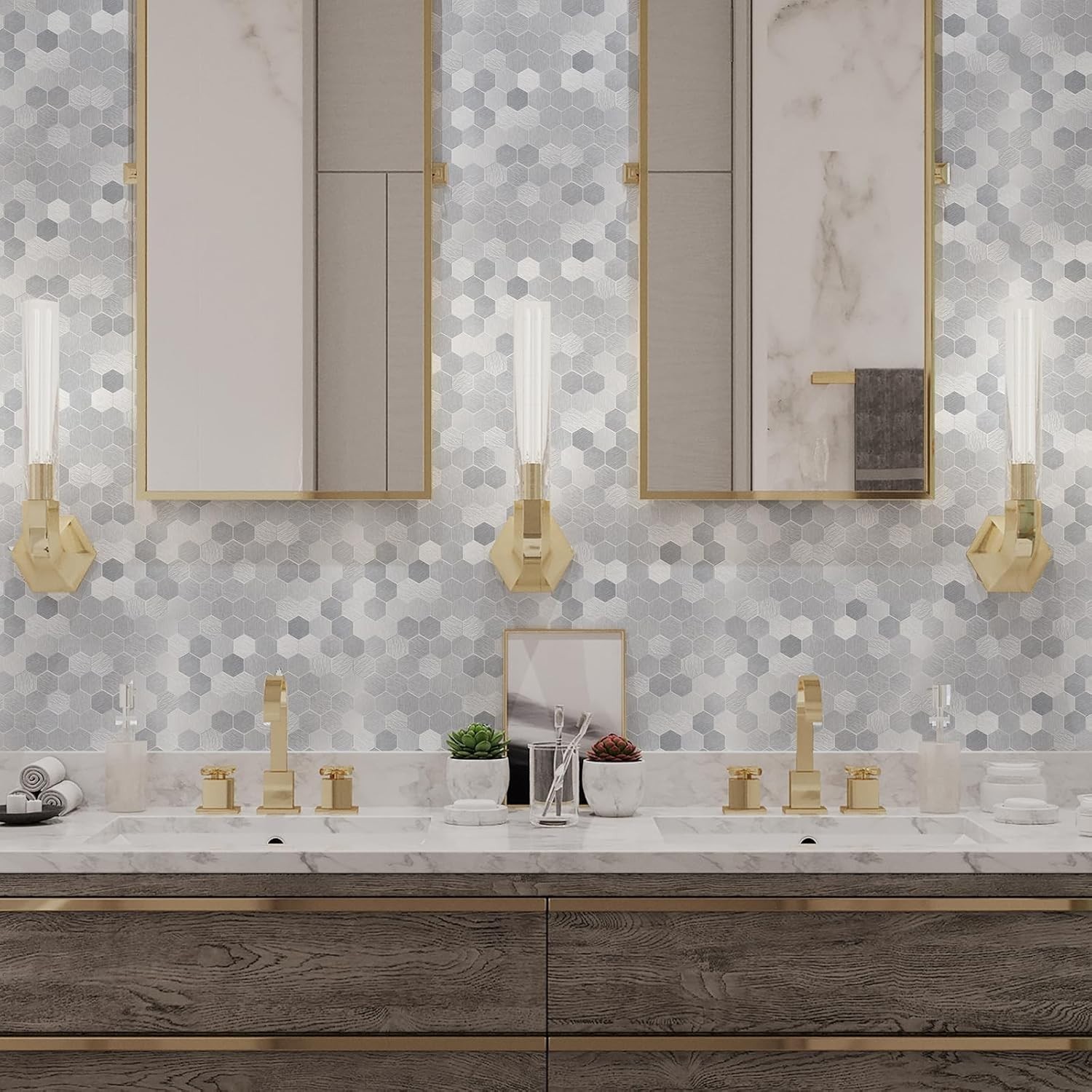 Hexagon Peel and Stick Metal Backsplash, 10-Sheet Peel and Stick Tiles Hexagon M