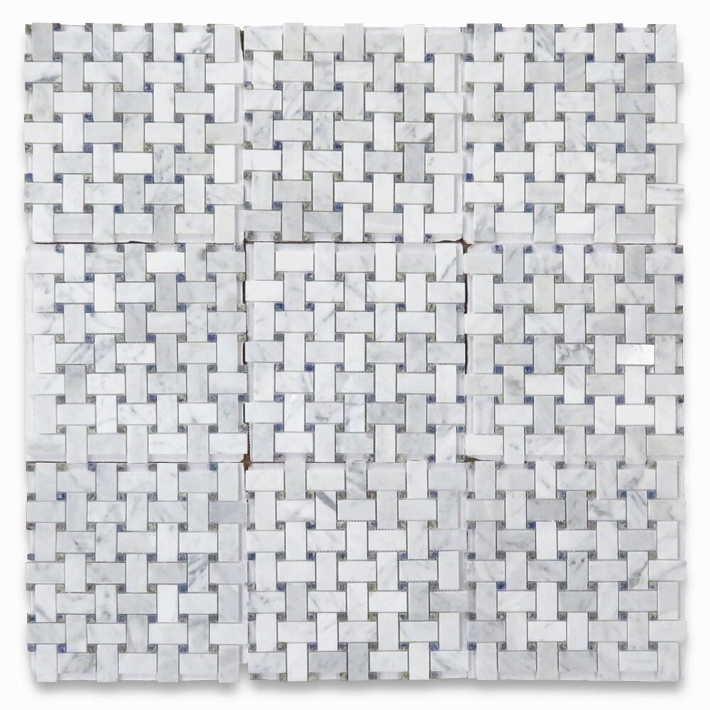 C656XP Carrara White Marble Basketweave Mosaic Tile Azul Blue Dots Polished