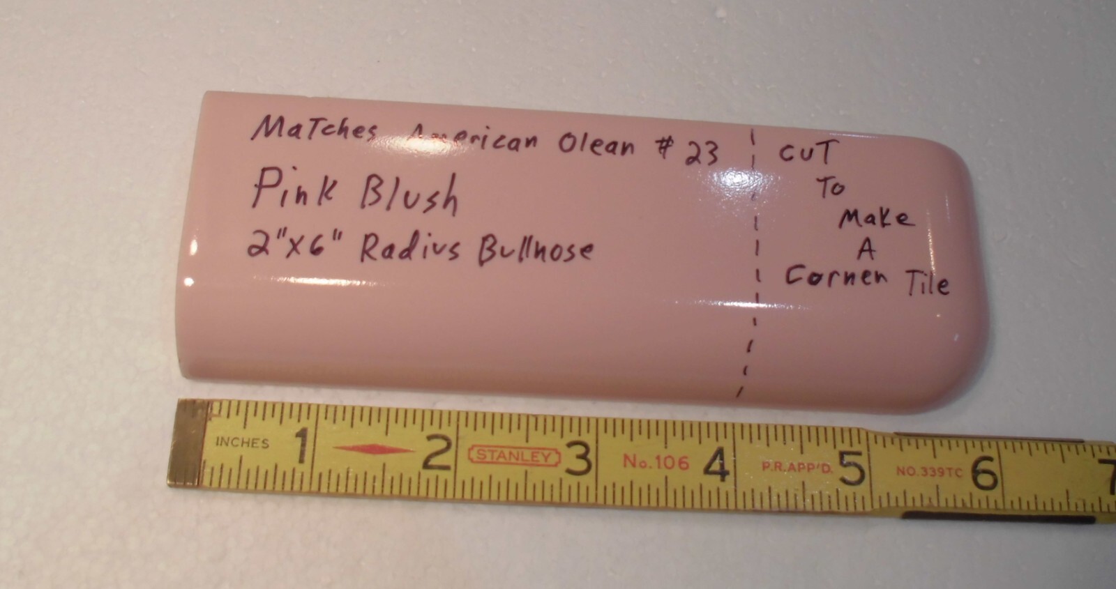 1 pc. Pink Blush Color: 2″ X 6″ Ceramic Radius Bullnose Corner Tile or 2″ X 2″