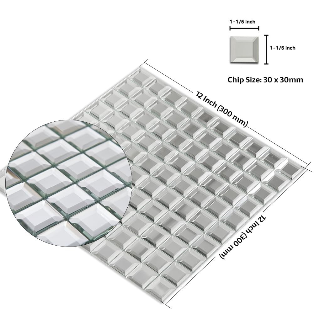 Beveled Silver Mirror Glass Mosaic Tile 12×12 Inch Backsplash – 5 Sheets for Kit