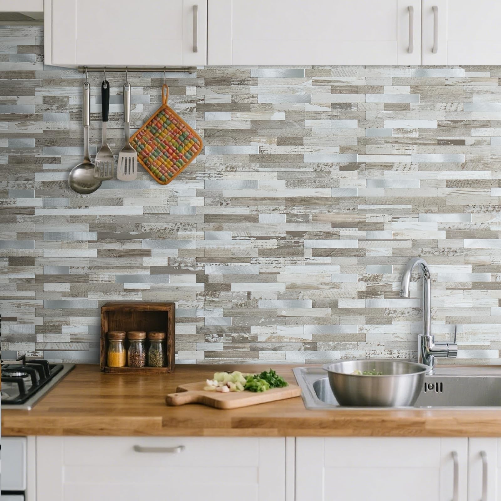 AULIGET 20 Sheets Peel and Stick Backsplash, Coffee & Brown Wood Look PVC Mix…