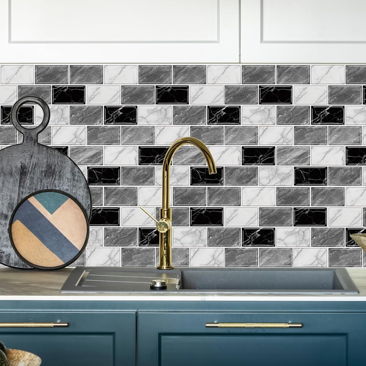 10 Sheets Peel & Stick Marble Backsplash Tiles 12×12 in Gray White Black