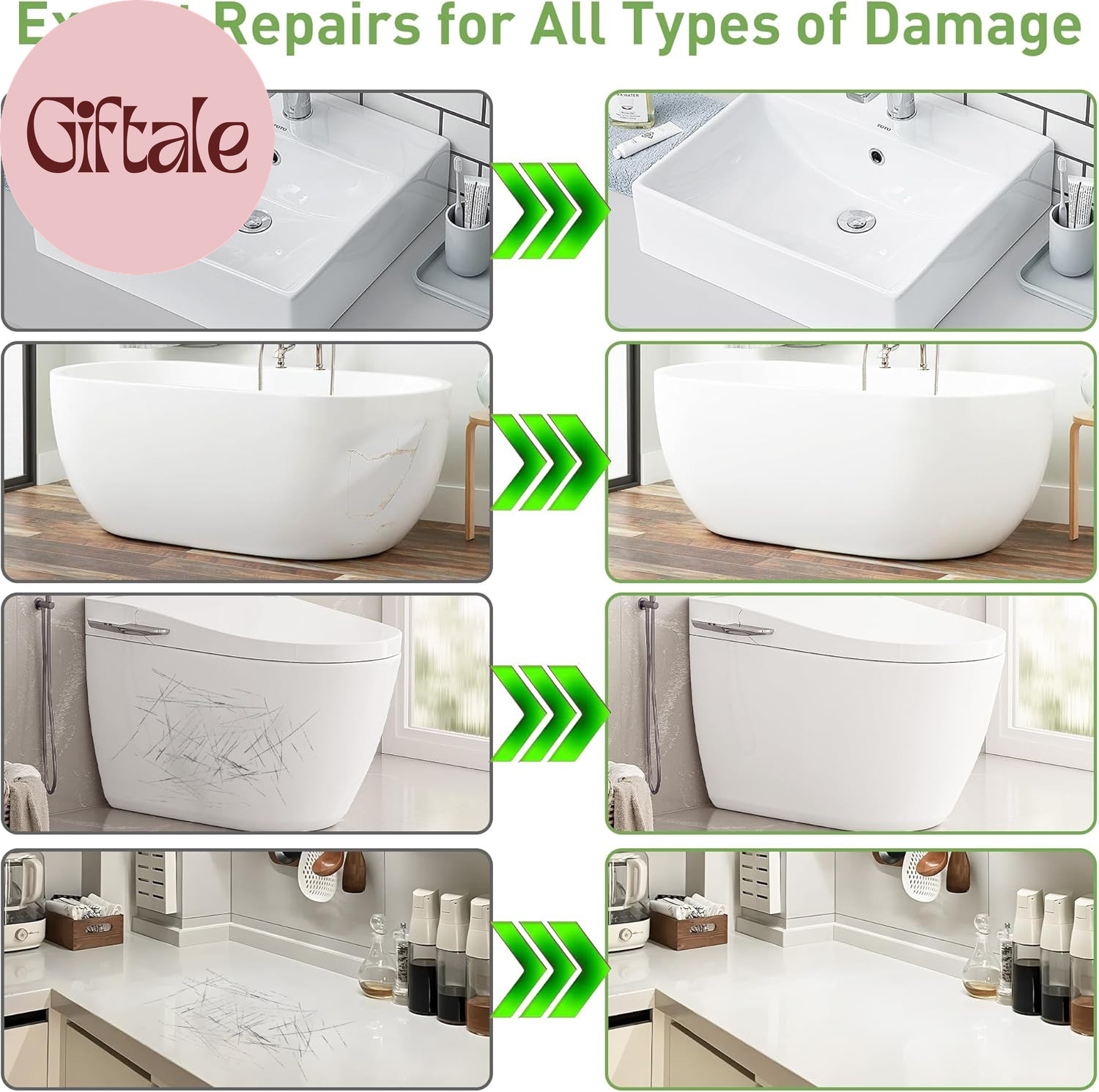 Surface Repair Kit for Tubs, Tiles, Countertops – Fixes Chips, Cracks, Scratches
