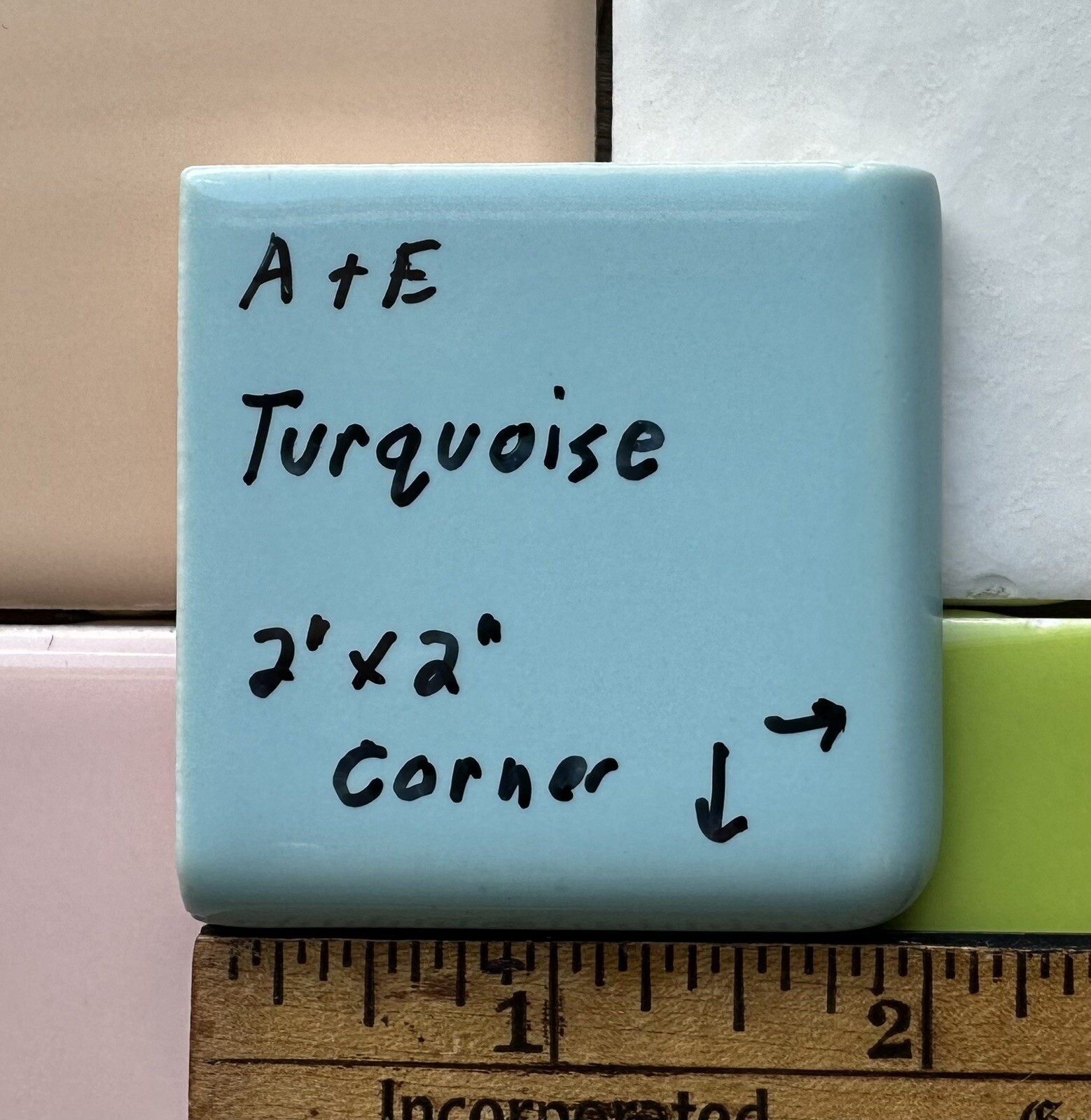 Turquoise: 2″ X 2″ X 5/16″ Ceramic Surface Bullnose Corner Tile, made 1950’s