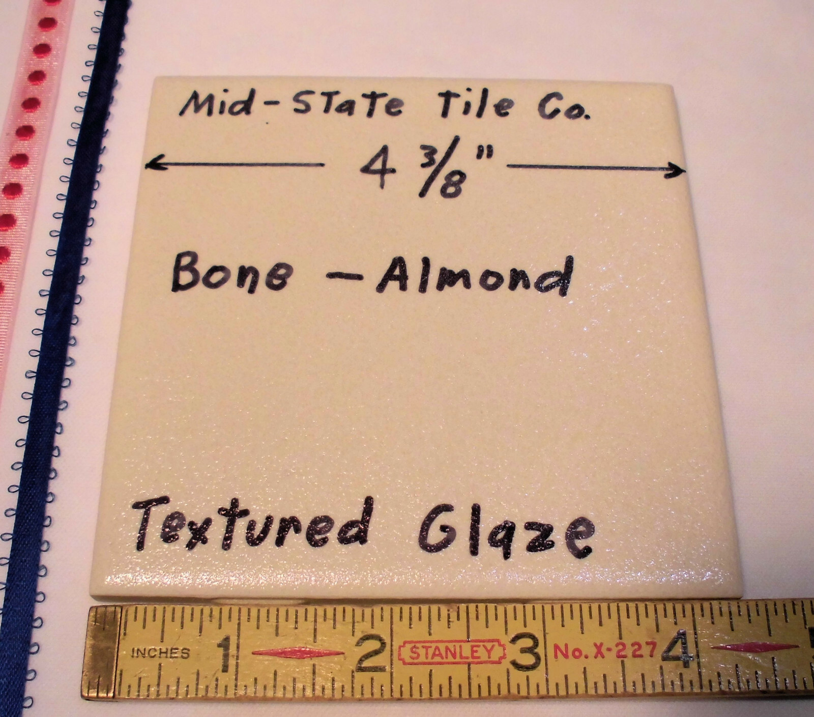 1 pc. Ceramic Tile *Bone-Almond* by Mid-State Co. 4-3/8″ (NOS) Textured Glaze