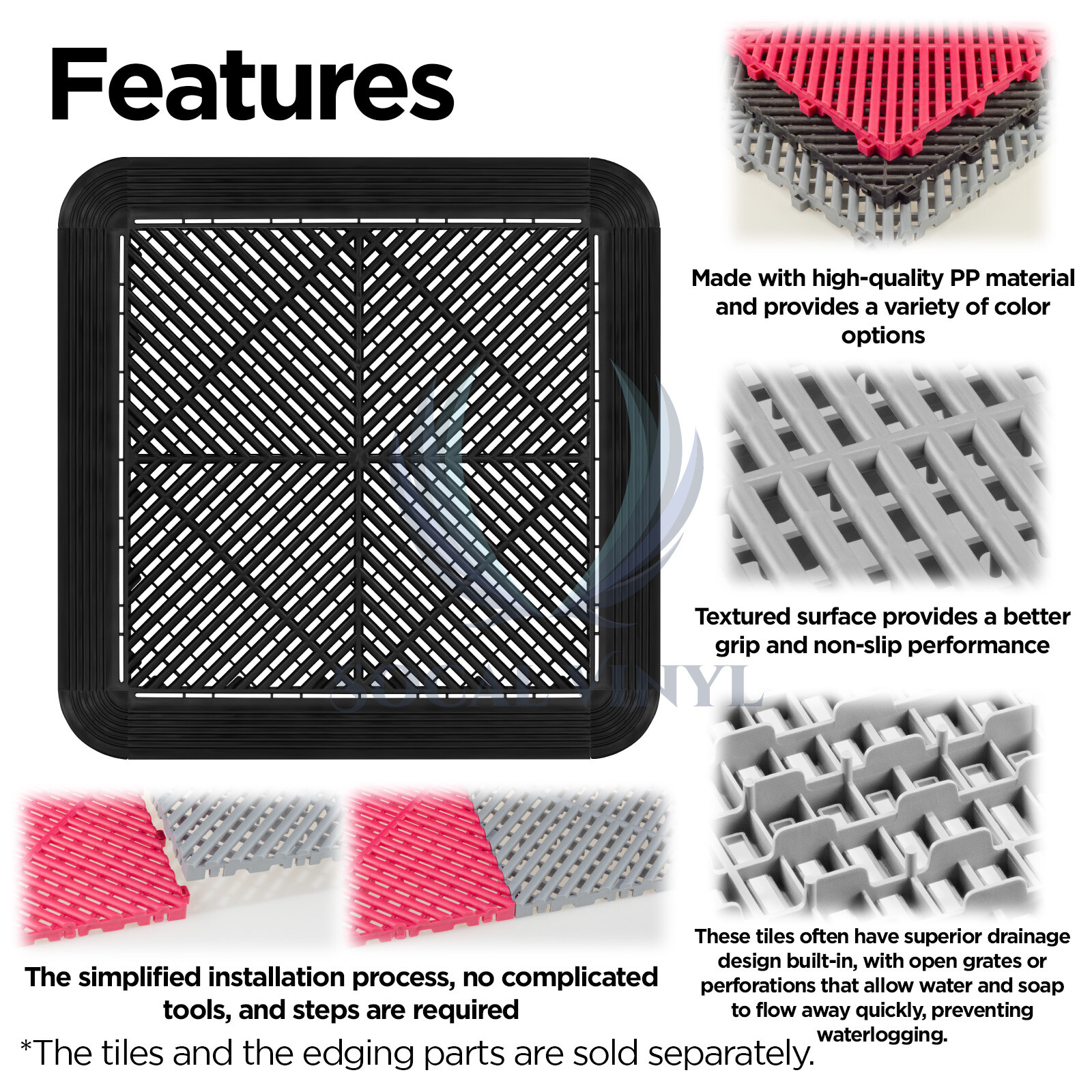 34pcs 16″x16″ Black Garage Floor Mat Perforated Flooring Tile Shop Interlocking