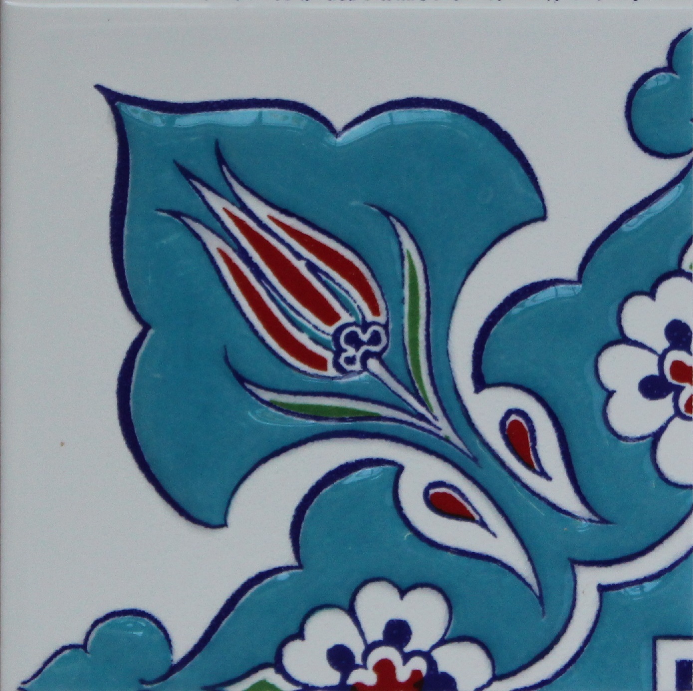 Turquiose 4″x4″ Raised Iznik Ceramic Daisy & Tulip Pattern Tile Border Corner