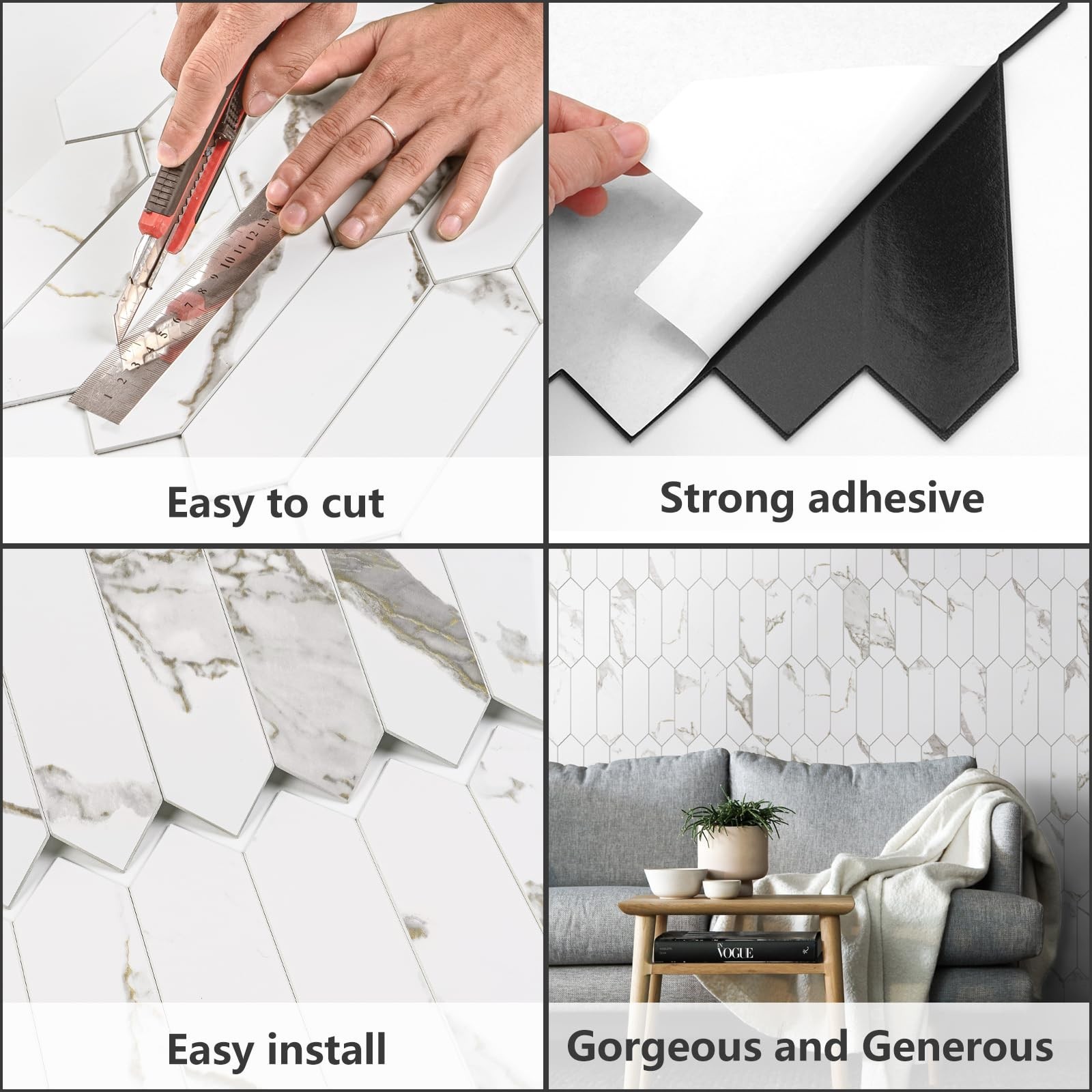 Glossy White Marble Peel and Stick Backsplash Tile with Gold Veining, 12.8″ Hexa