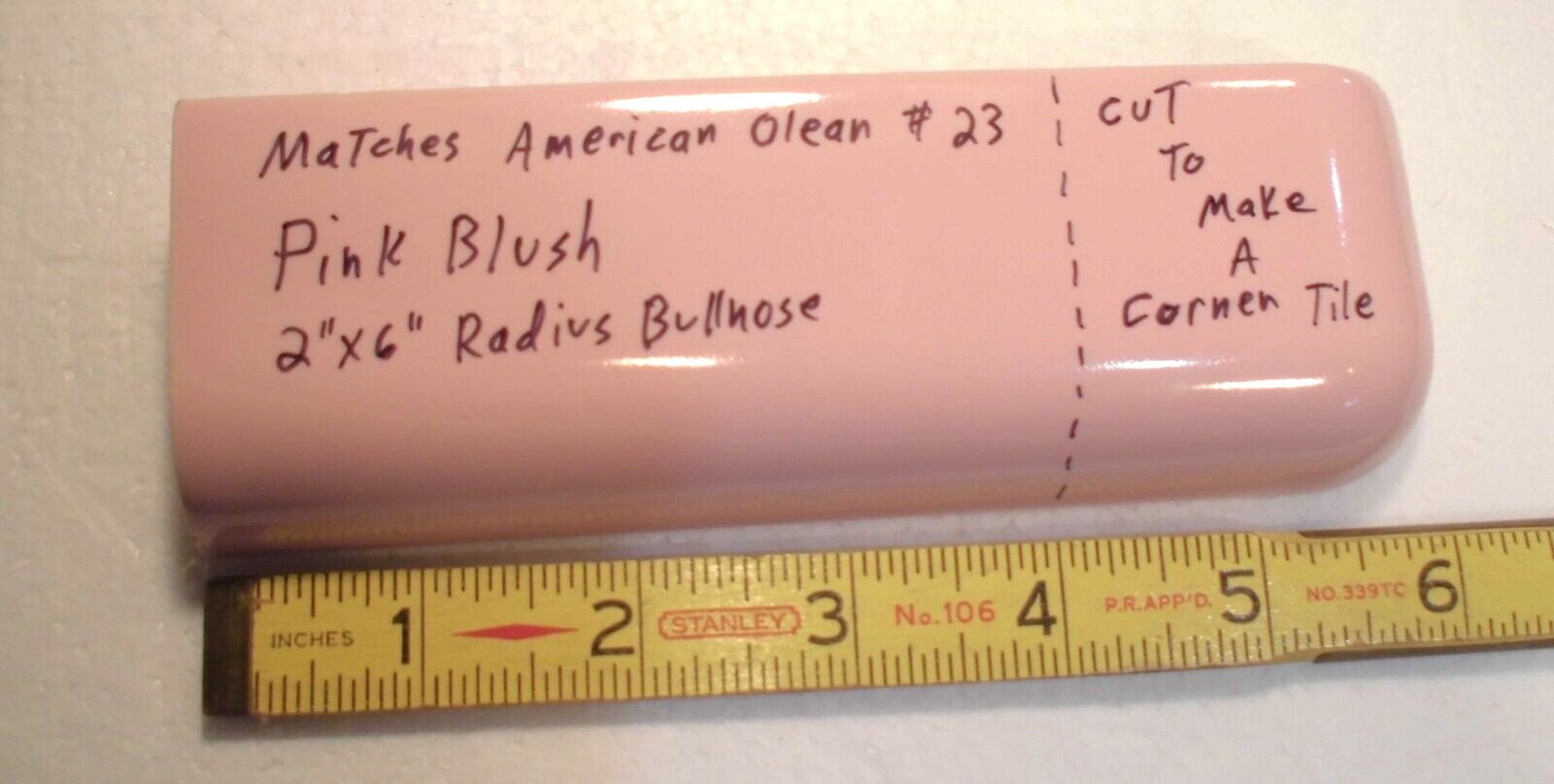 1 pc. Pink Blush Color: 2″ X 6″ Ceramic Radius Bullnose Corner Tile or 2″ X 2″
