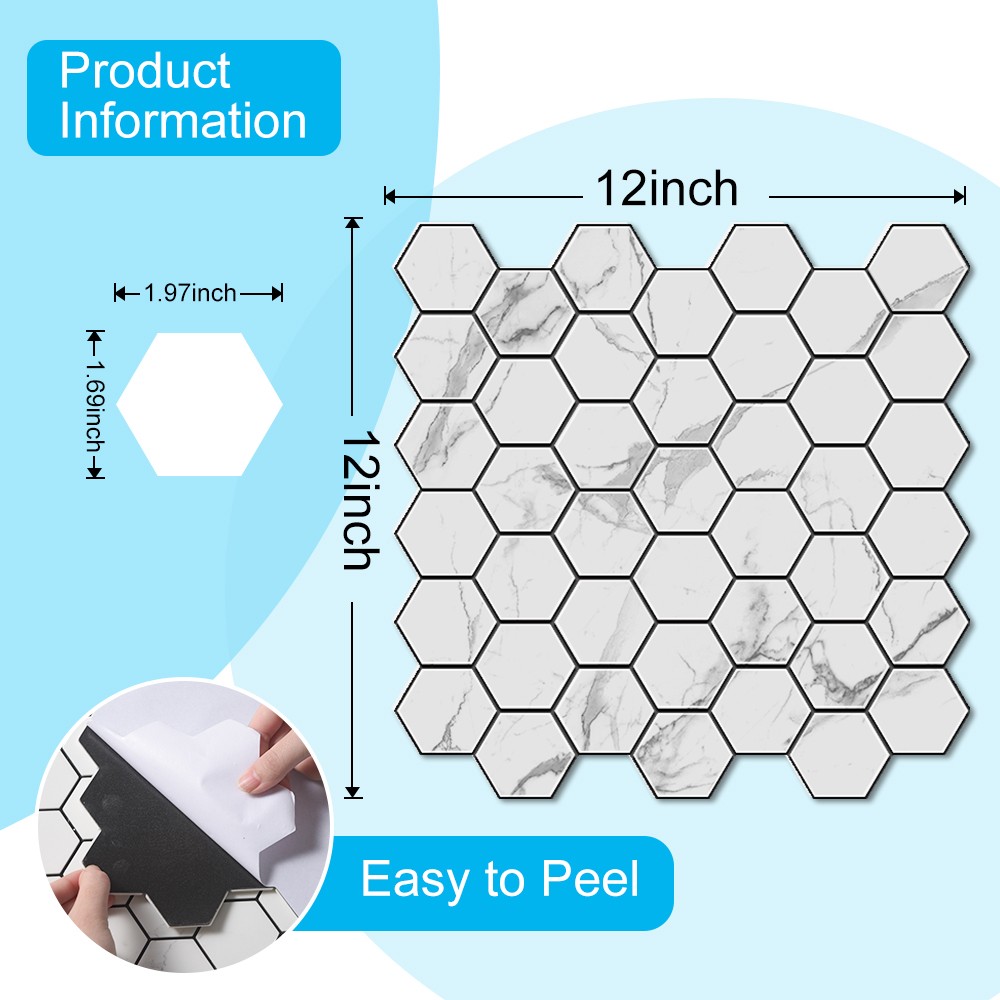 20pc Tiles Plaza Backsplash Tile for Kitchen Peel and Stick White Hexagon Marble