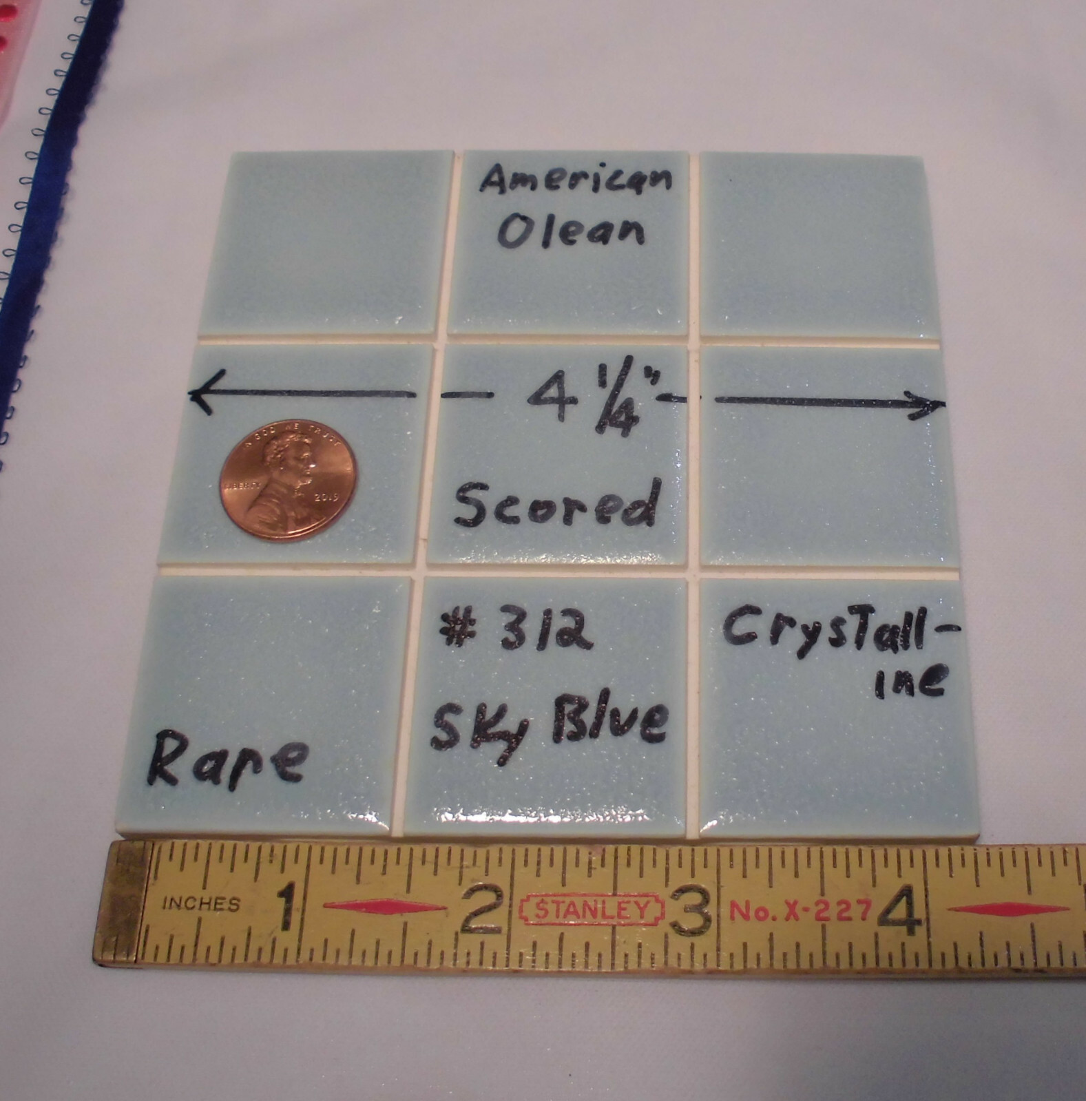 1 pc. 4-1/4″ Ceramic Tile *Sky Blue* Scored 9ths Crystalline; by American Olean