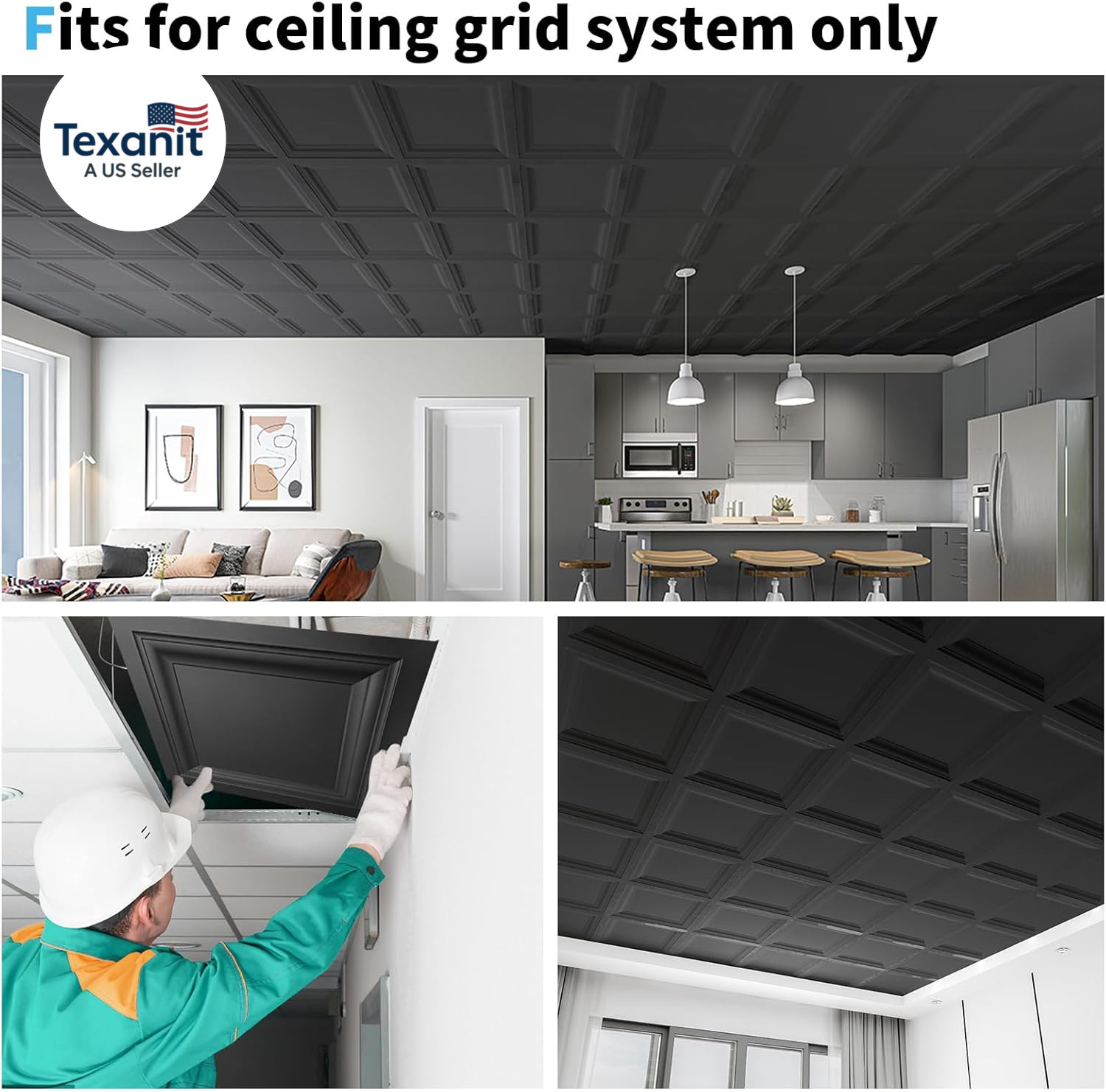 24-Pack Square Drop Ceiling Tile 2Ft X 2Ft in Black, PVC Ceiling Panel 24 X 24In