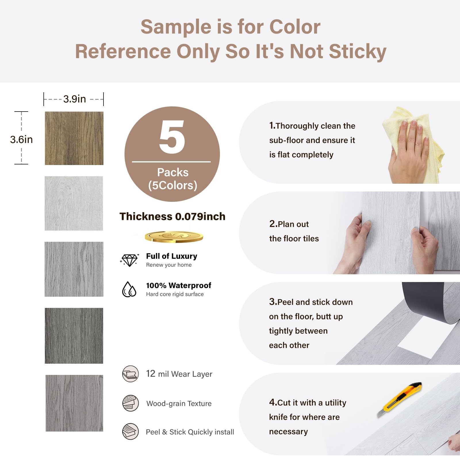 Peel and Stick Floor Tile Vinyl Plank Flooring Sample Set of 5 Packs, INMOZAT…