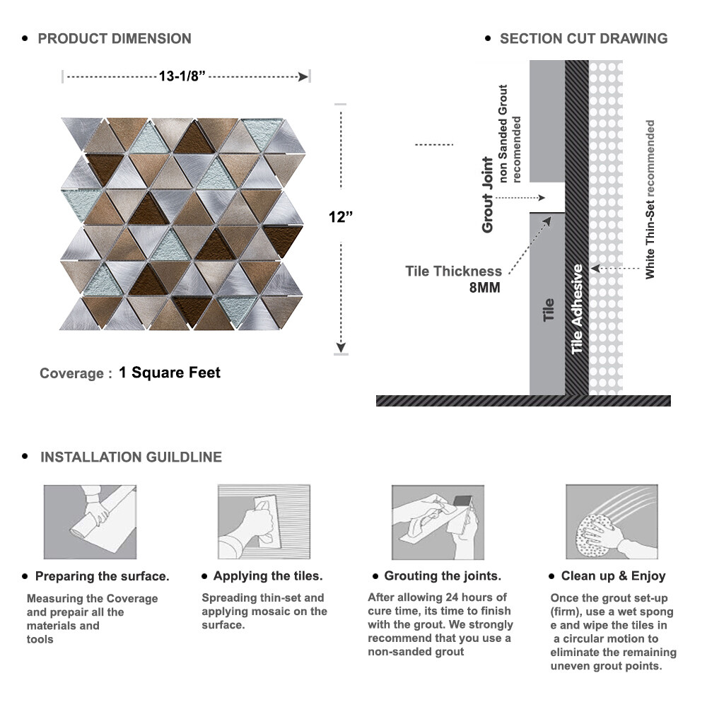 Brown Gray Triangle Modern Aluminum Crystal Glass Mosaic Tile Kitchen Backsplash