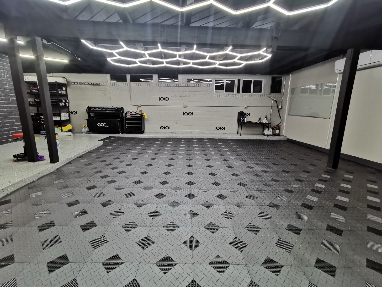 Blue … HYBRID-X garage floor tiles. 50 square feet 17” X 17” MADE IN USA