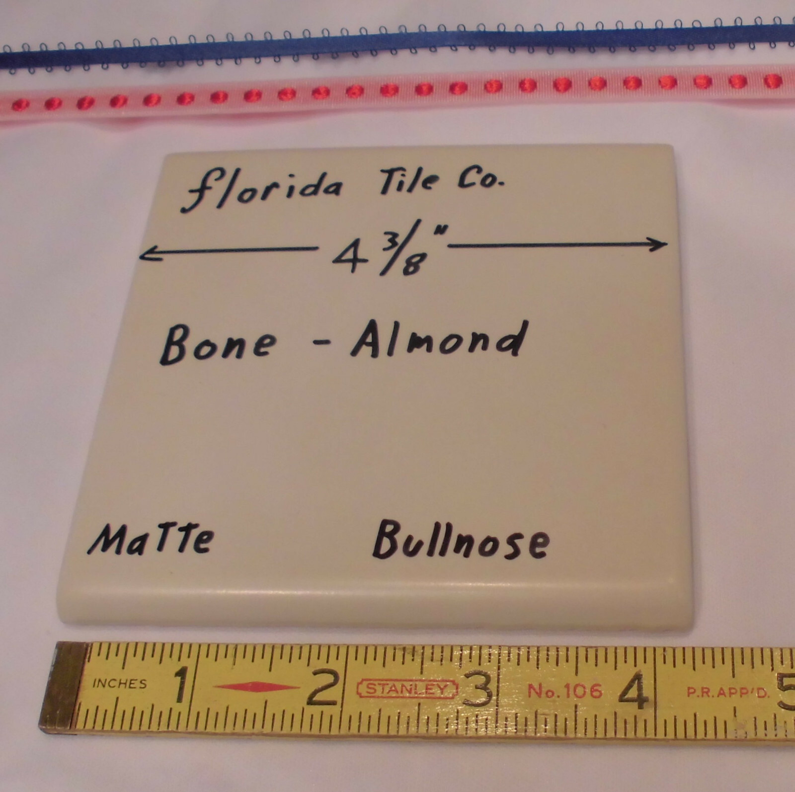 1 pc. *Bone – Almond* Matte Bullnose Ceramic Tile 4-3/8″ by Florida Co. (NOS)