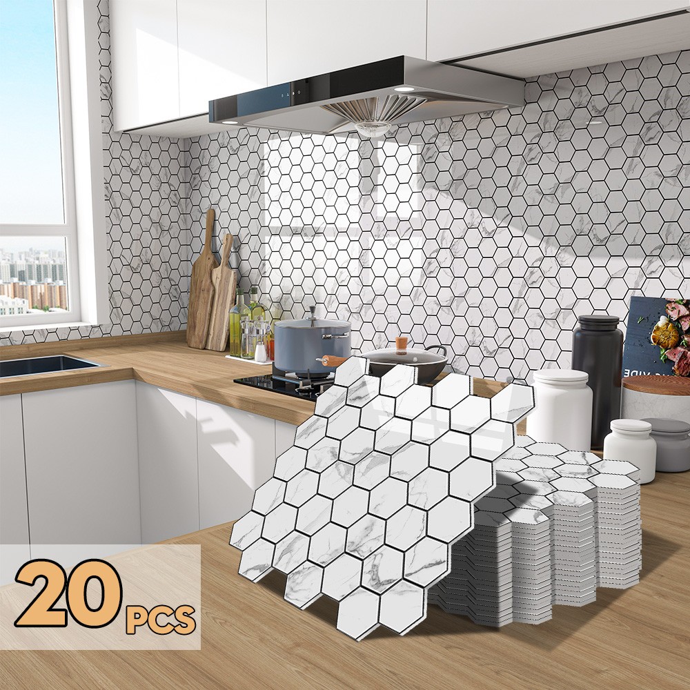20pc Tiles Plaza Backsplash Tile for Kitchen Peel and Stick White Hexagon Marble
