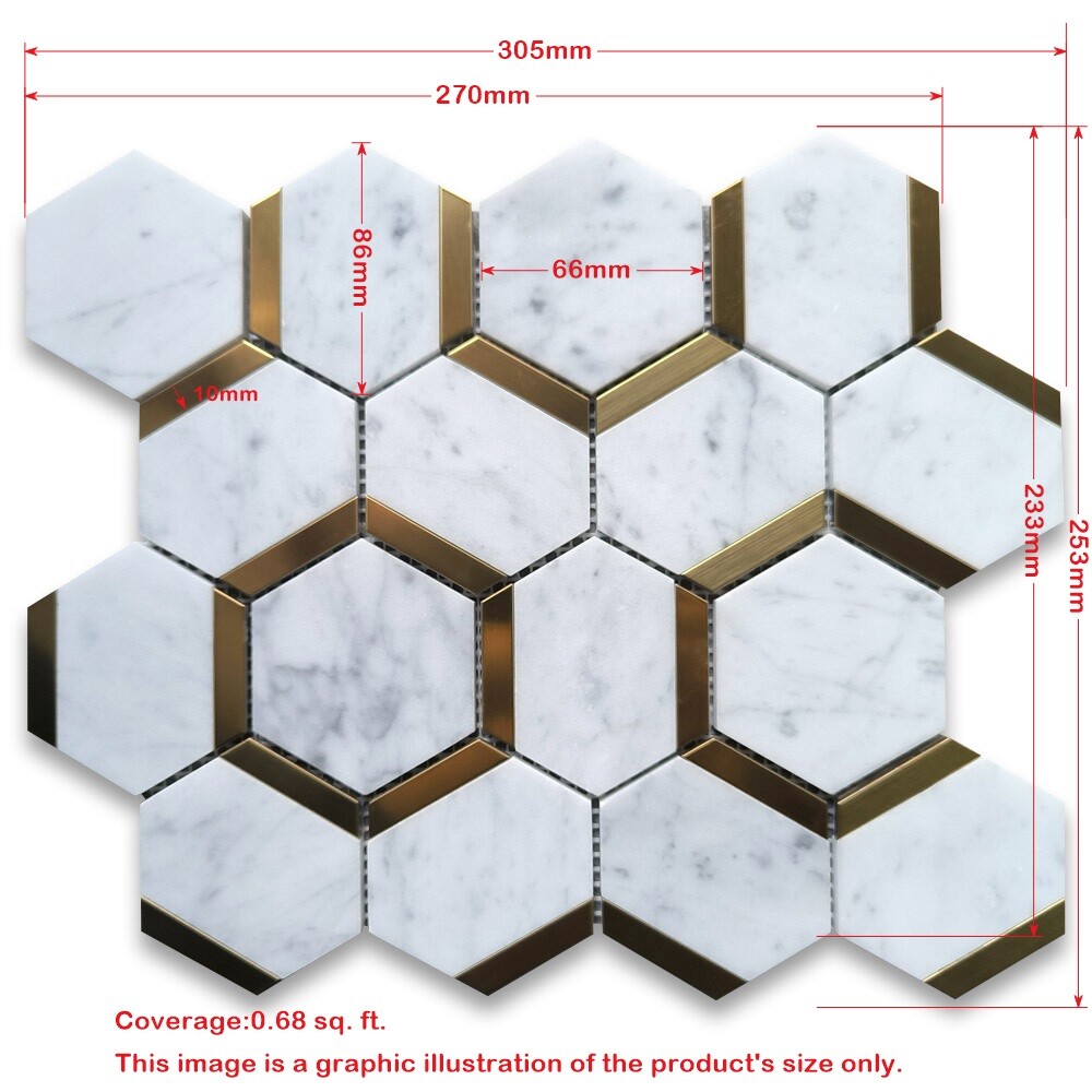 N338XH Nero Marquina Black Marble 3 inch Hexagon Mosaic Tile Honed