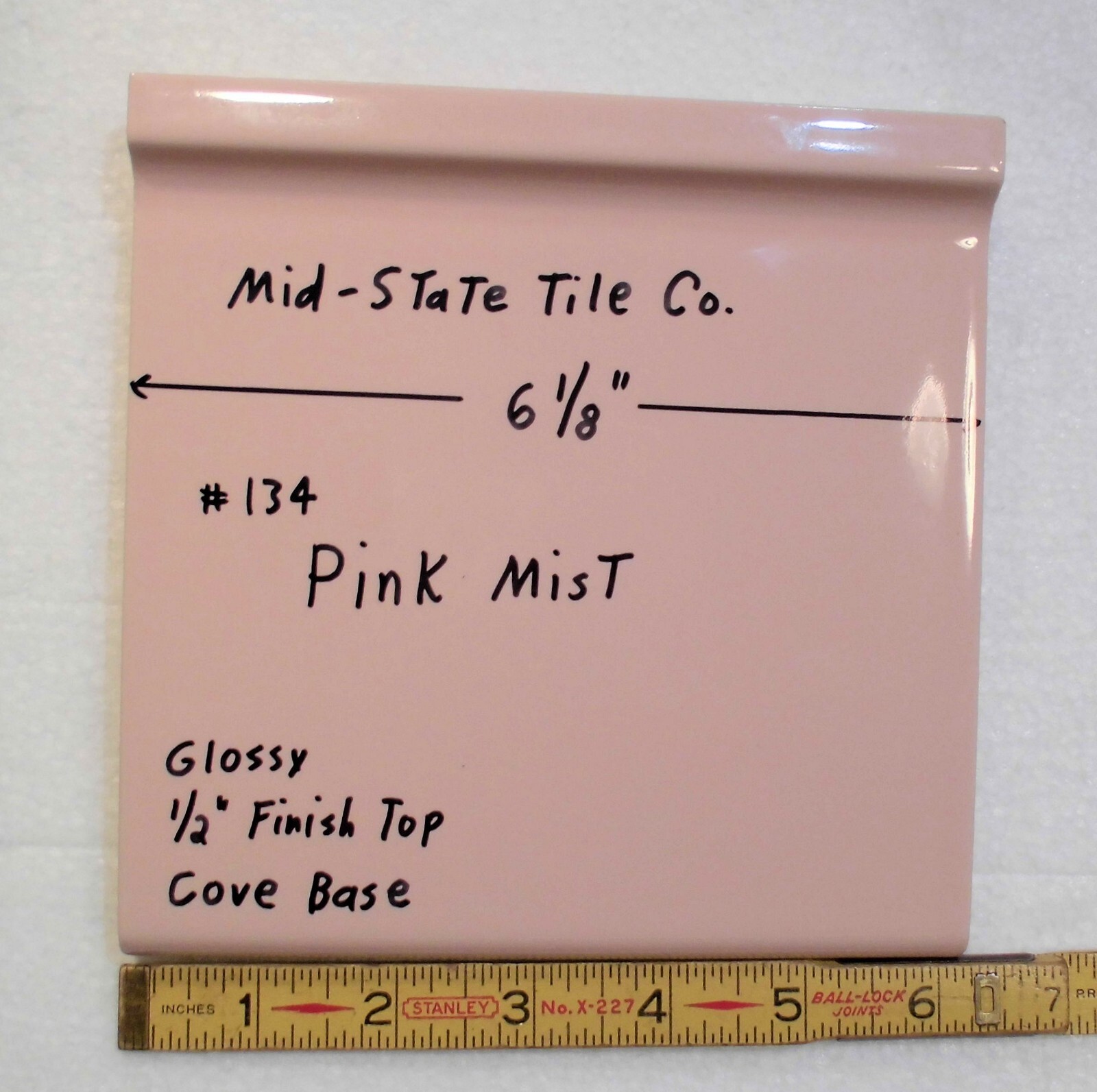 1 pc. Vintage Glossy *Pink Mist* 6” X 6” Ceramic Cove Base Tile by MID-STATE