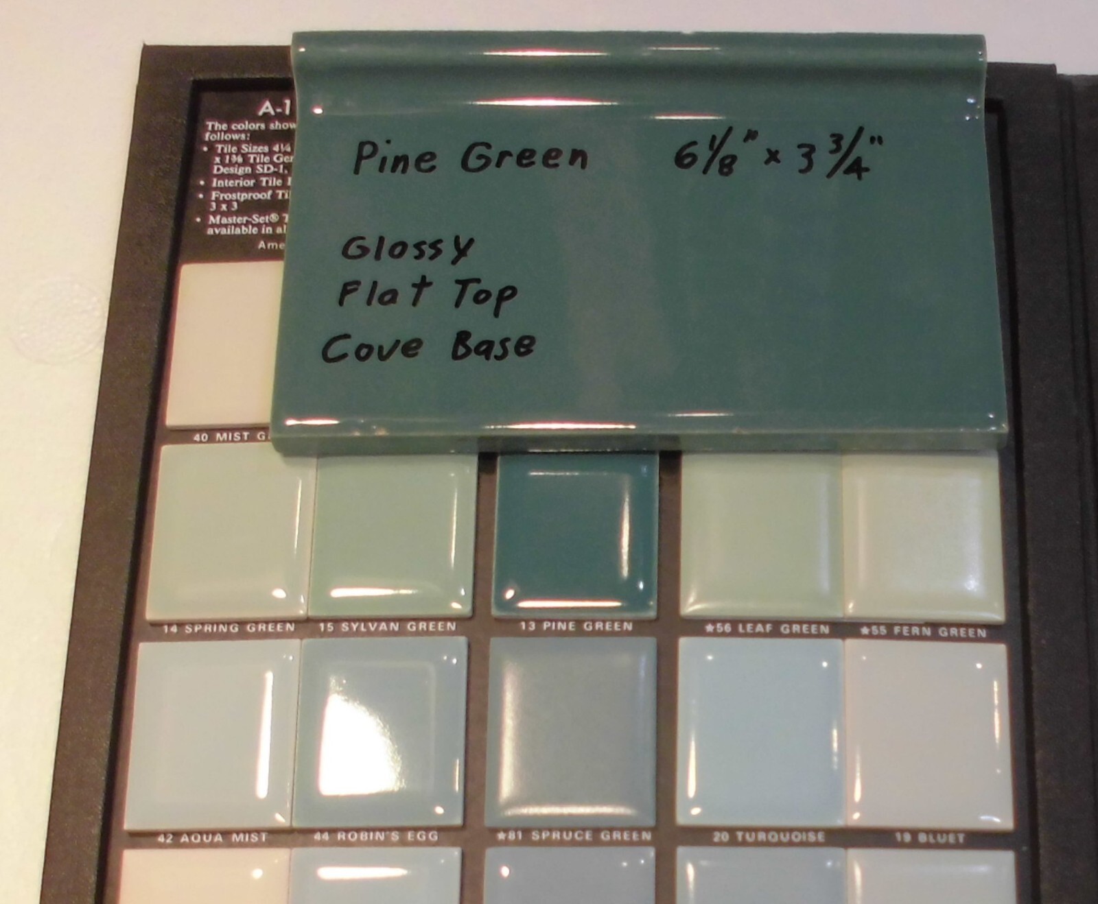 1 pc. Pine Green: 3-3/4″ X 6-1/8″ Ceramic Cove Base Tile, Stack-on-Top, Flat Top