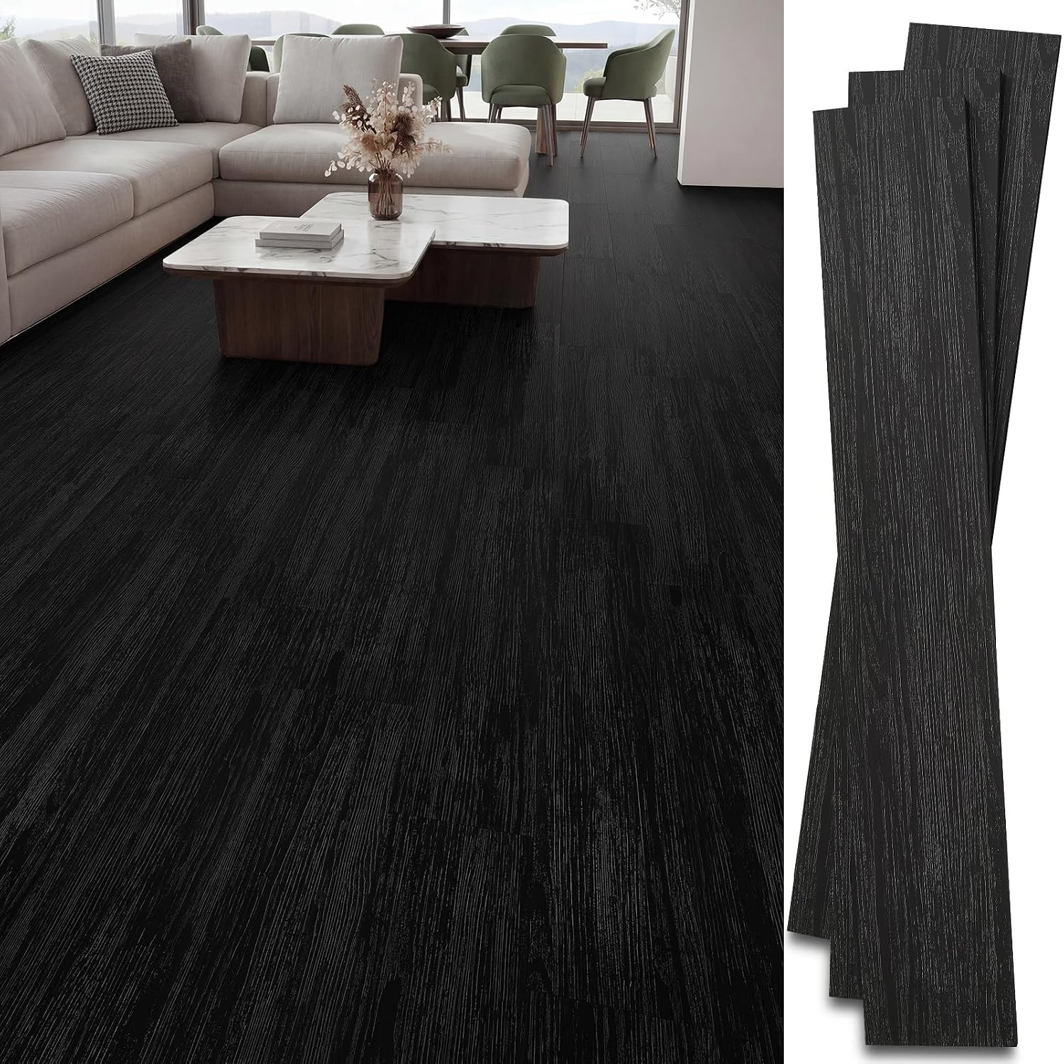 36-Pack Peel and Stick Flooring Vinyl Floor Tile (Black) | 54 Sq.Ft, Waterproof,