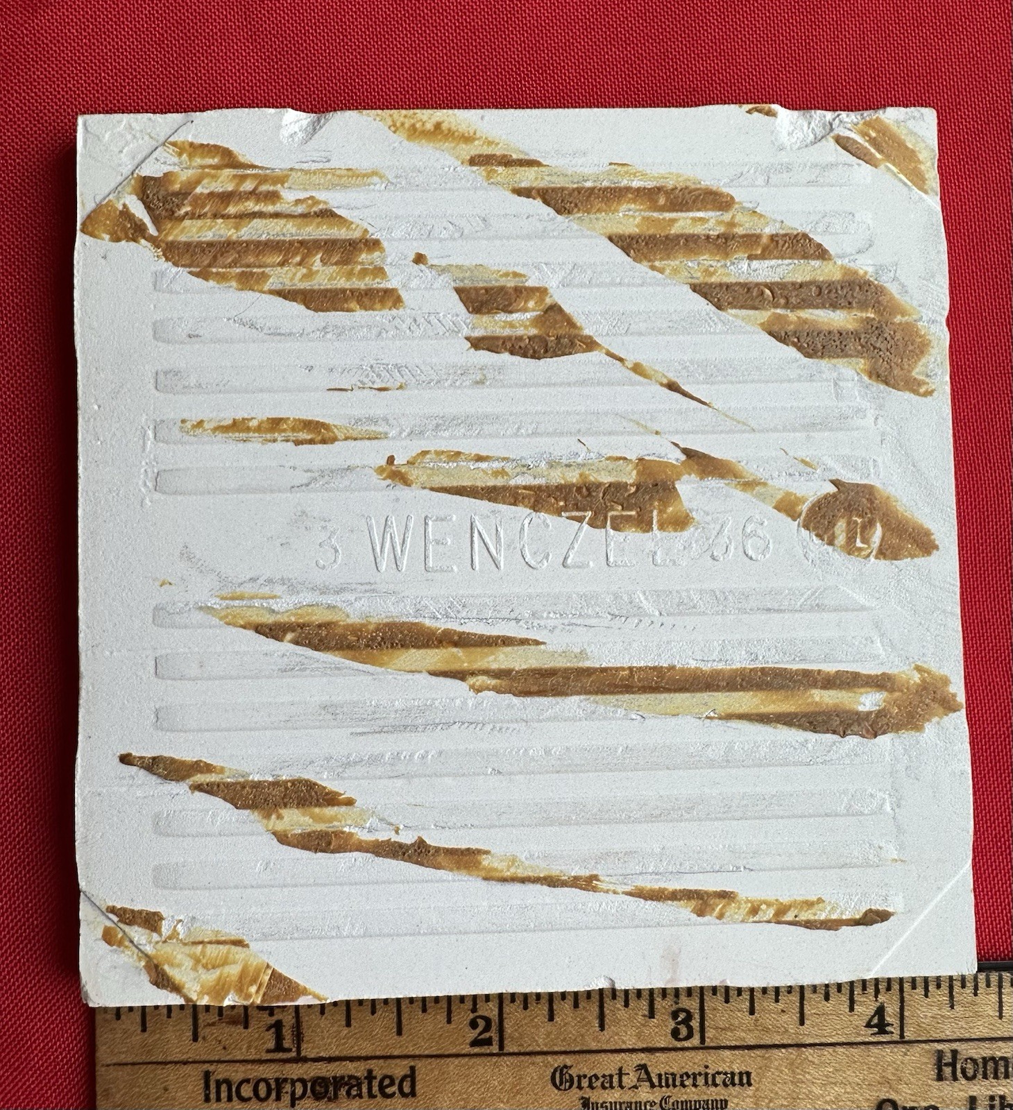4 Corallin Pink Ceramic Tiles: by Wenczel Co. Used; all uncleaned & needs work