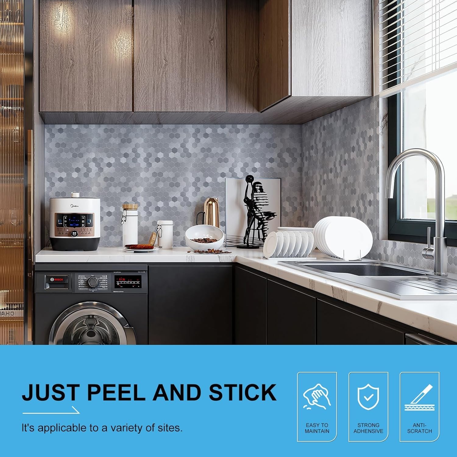 Hexagon Peel and Stick Metal Backsplash, 10-Sheet Peel and Stick Tiles Hexagon M