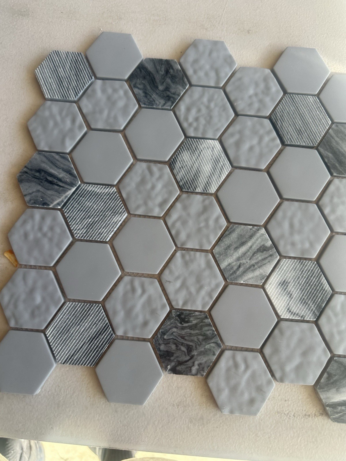 Grey Marble And Glass Hex Mixed Glossy, Matte And Textured Finish 12×12 Inch