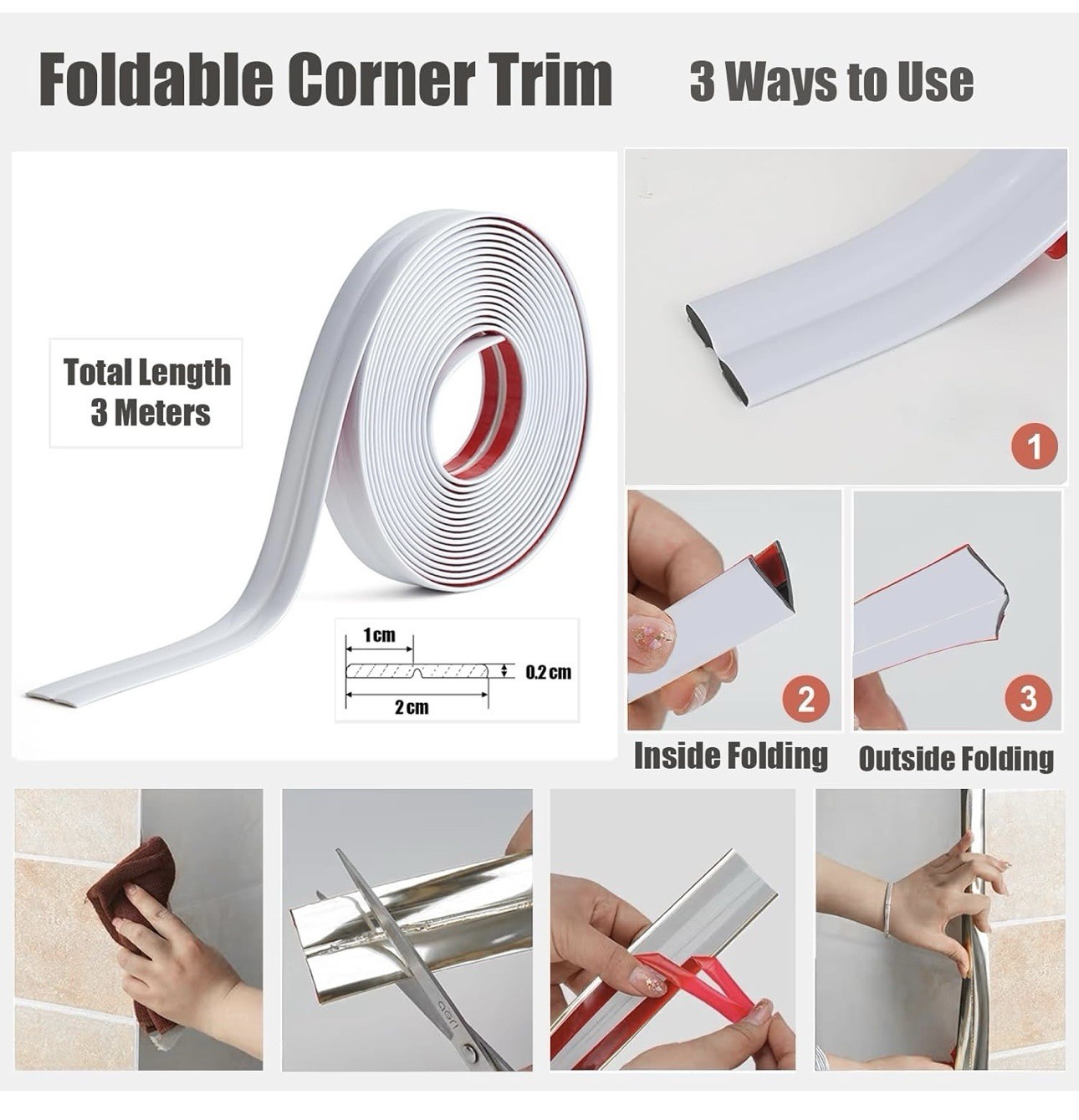 10ft Peel and Stick Outside Vinyl Corner Trim for Tile and Wall Edges