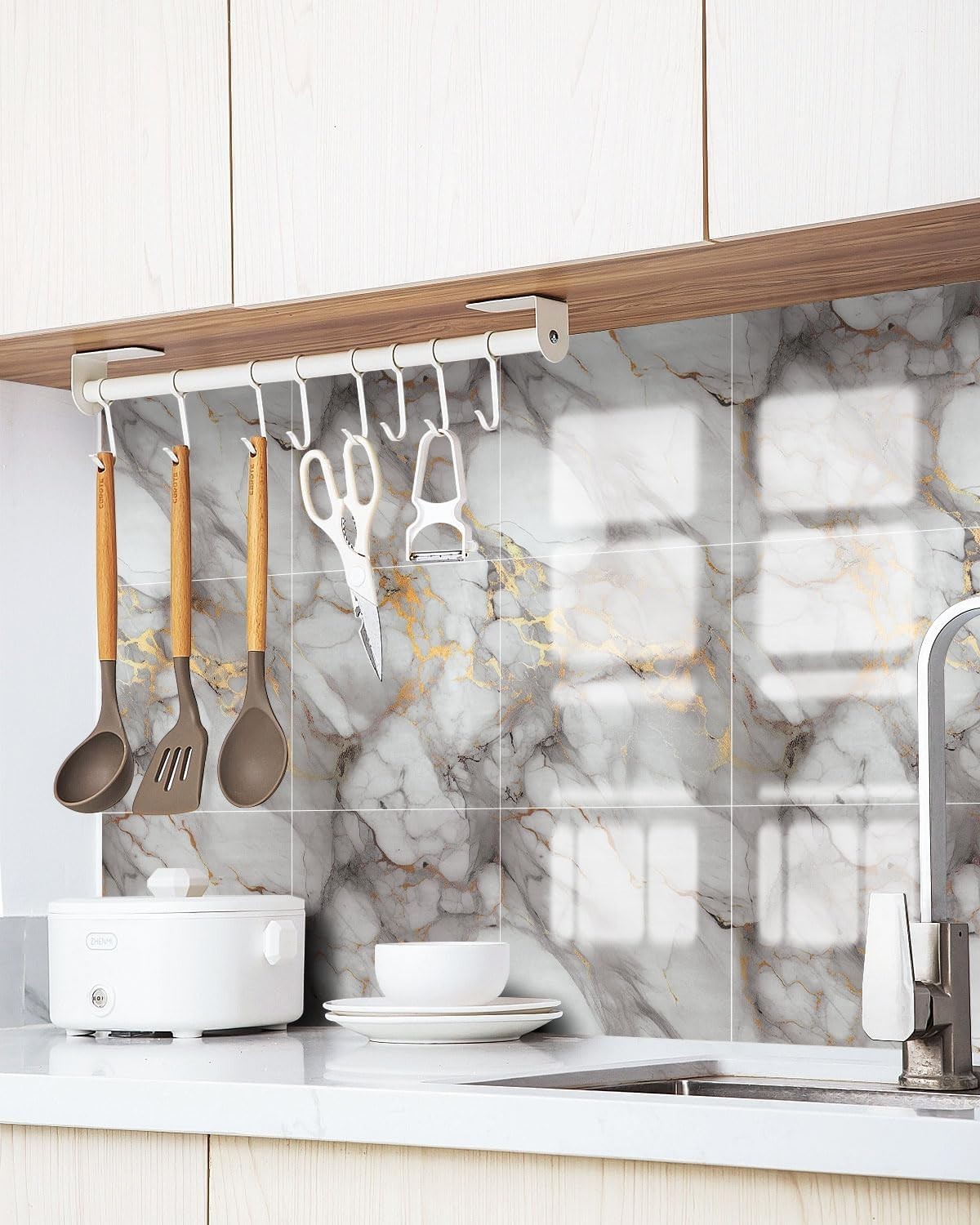 Self-Adhesive 11.8” Marble Wall Tiles – 20PC Waterproof PVC Panels in Gold