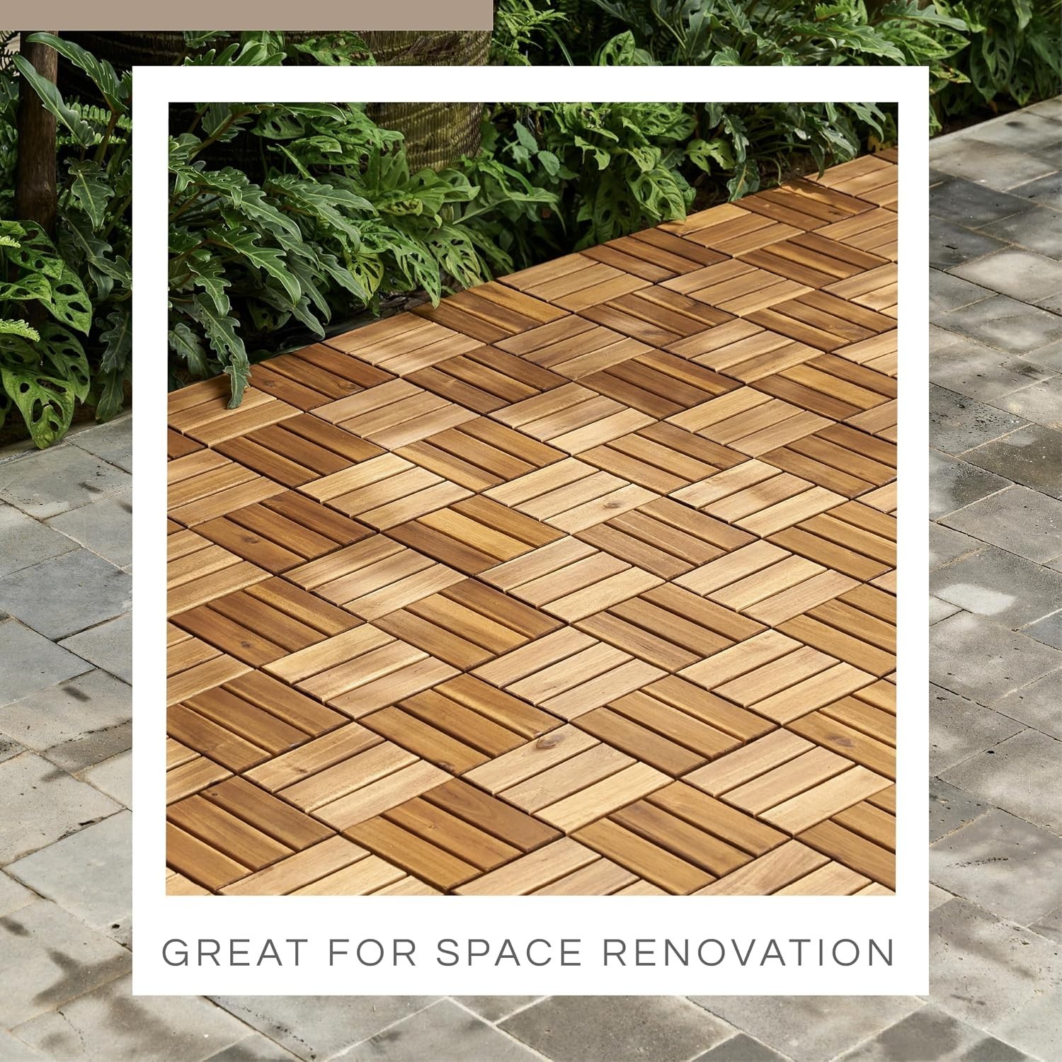 Crossed Pattern Interlocking Deck Tiles – 12”x12” Waterproof Acacia Wood Set