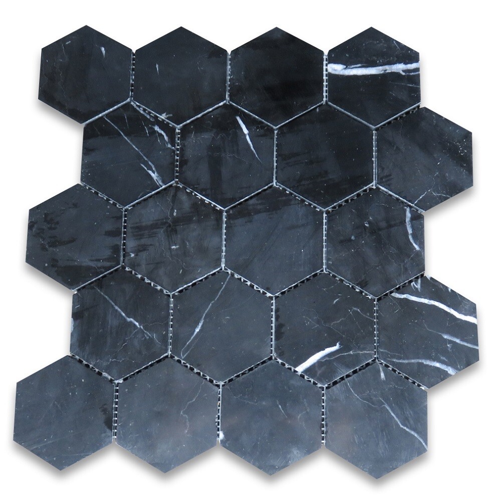 N33XP Nero Marquina Black Marble 3 inch Hexagon Mosaic Tile Polished