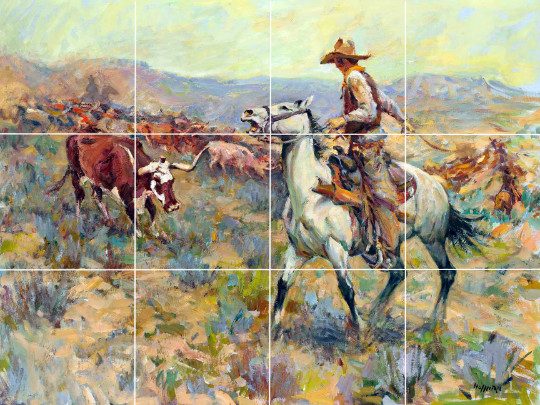 cattle drive west country cowboys western hoffman ceramic tile mural backsplash