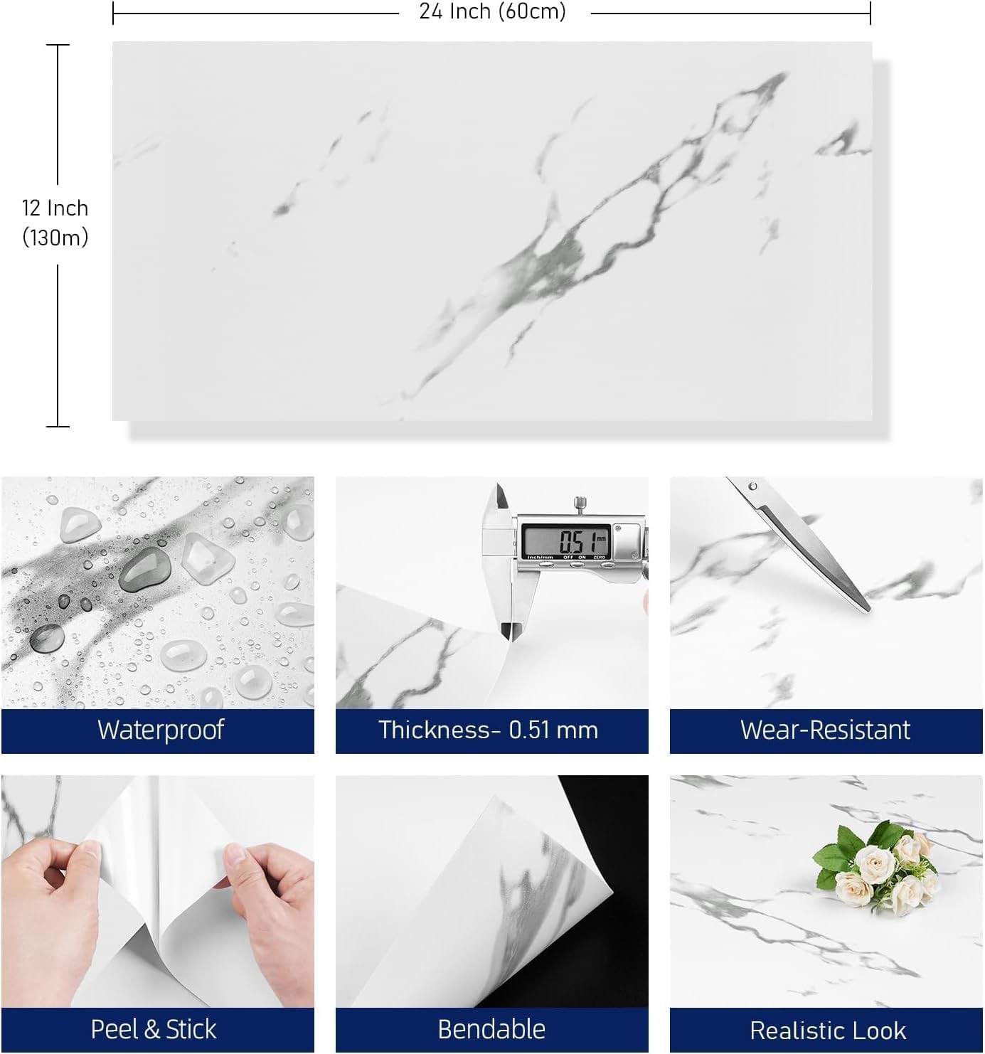 12″x24 Carrara Marble Peel and Stick Floor Tile White Floor Tiles Peel and Stick